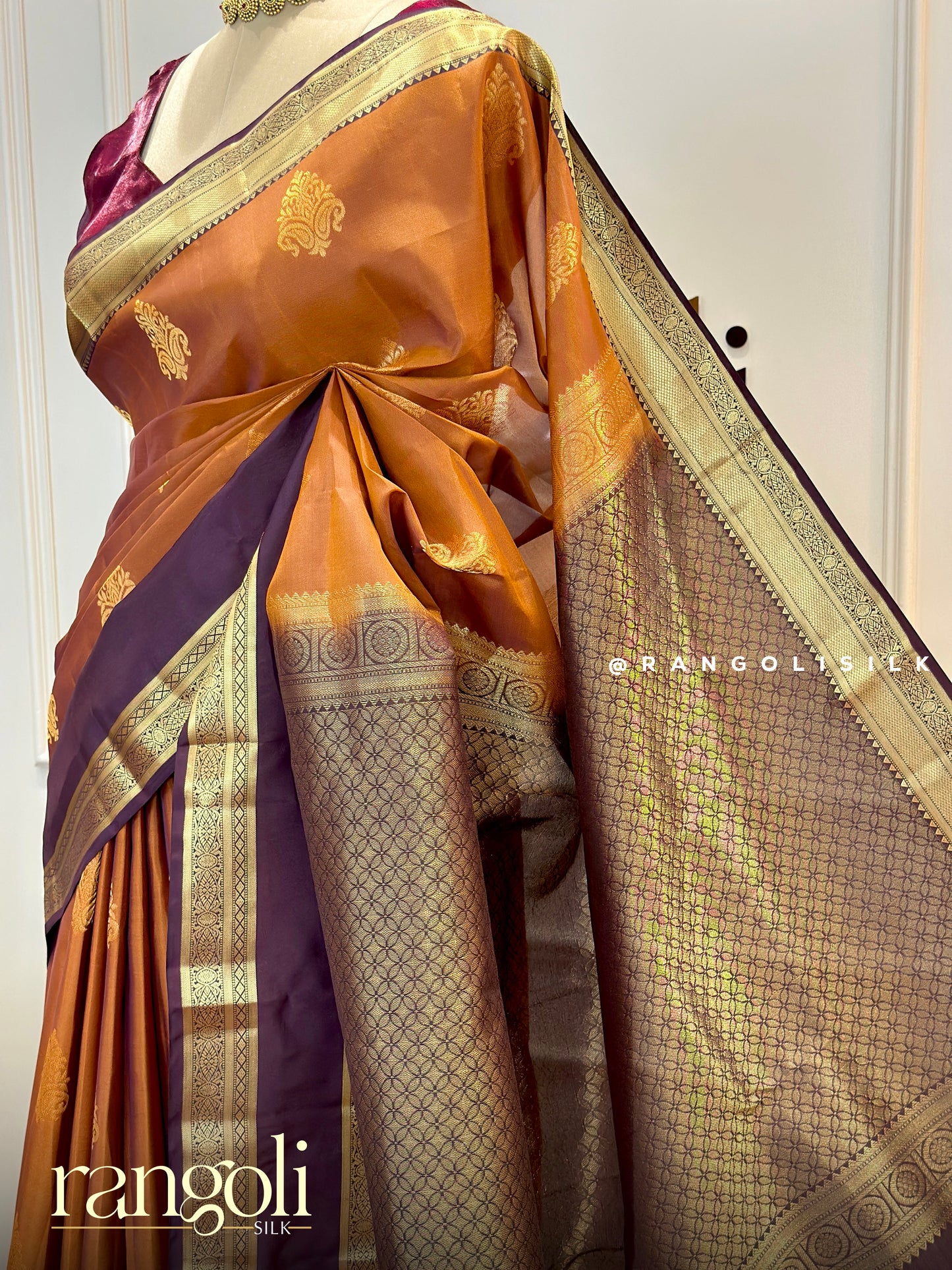 Regal Copper & Plum Kanjivaram Silk Saree with Intricate Zari Motifs & Grand Golden Border - Post 594