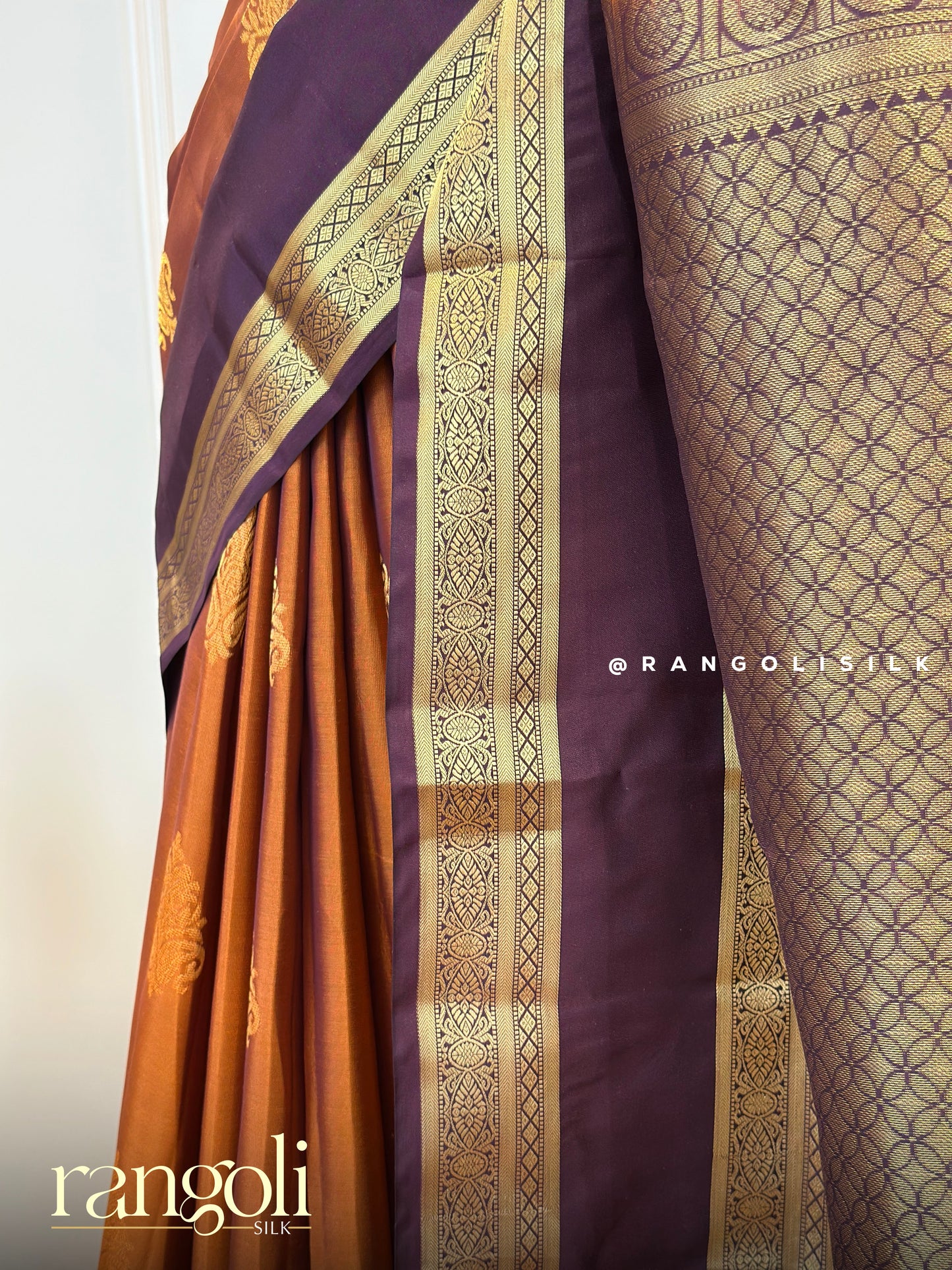 Regal Copper & Plum Kanjivaram Silk Saree with Intricate Zari Motifs & Grand Golden Border - Post 594