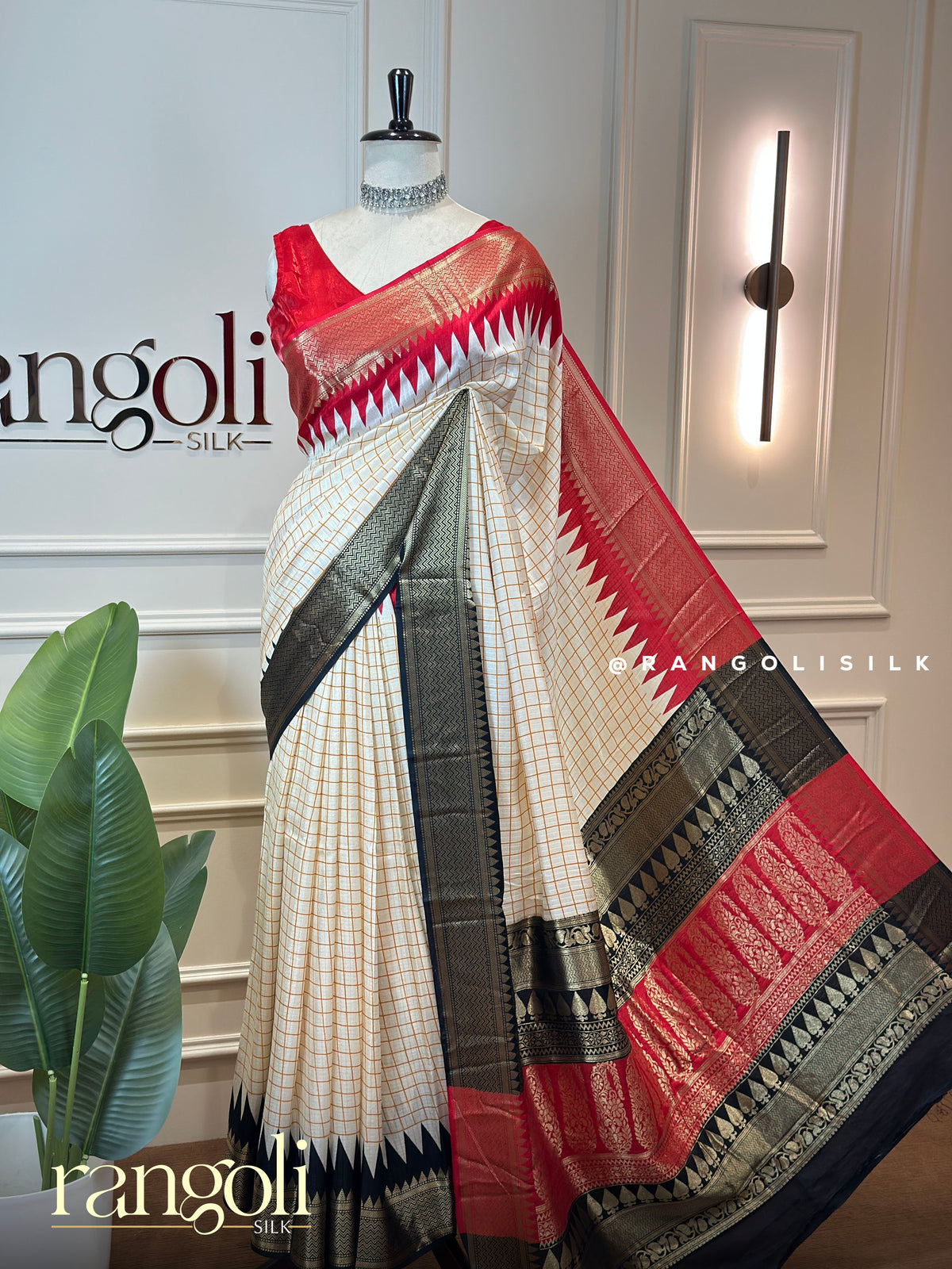 Off-White Check Saree with Ganga Jamuna Temple Border - Post 1010