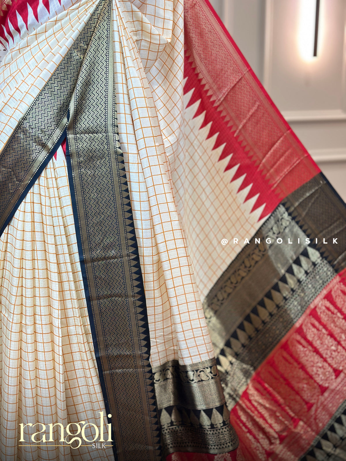 Off-White Check Saree with Ganga Jamuna Temple Border - Post 1010