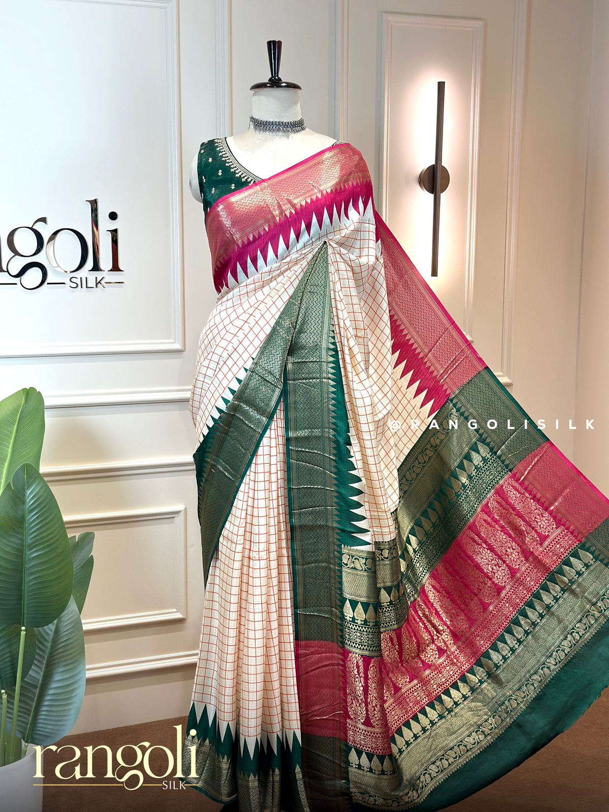 Off-White Check Saree with Ganga Jamuna Temple Border - Post 1010