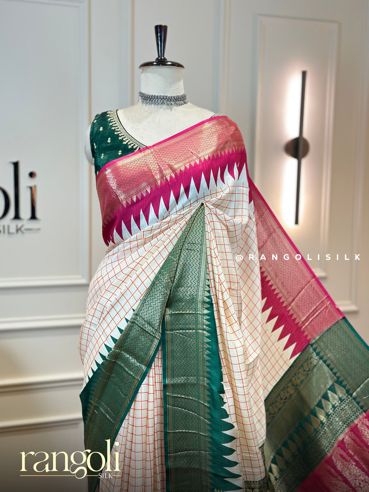 Off-White Check Saree with Ganga Jamuna Temple Border - Post 1010