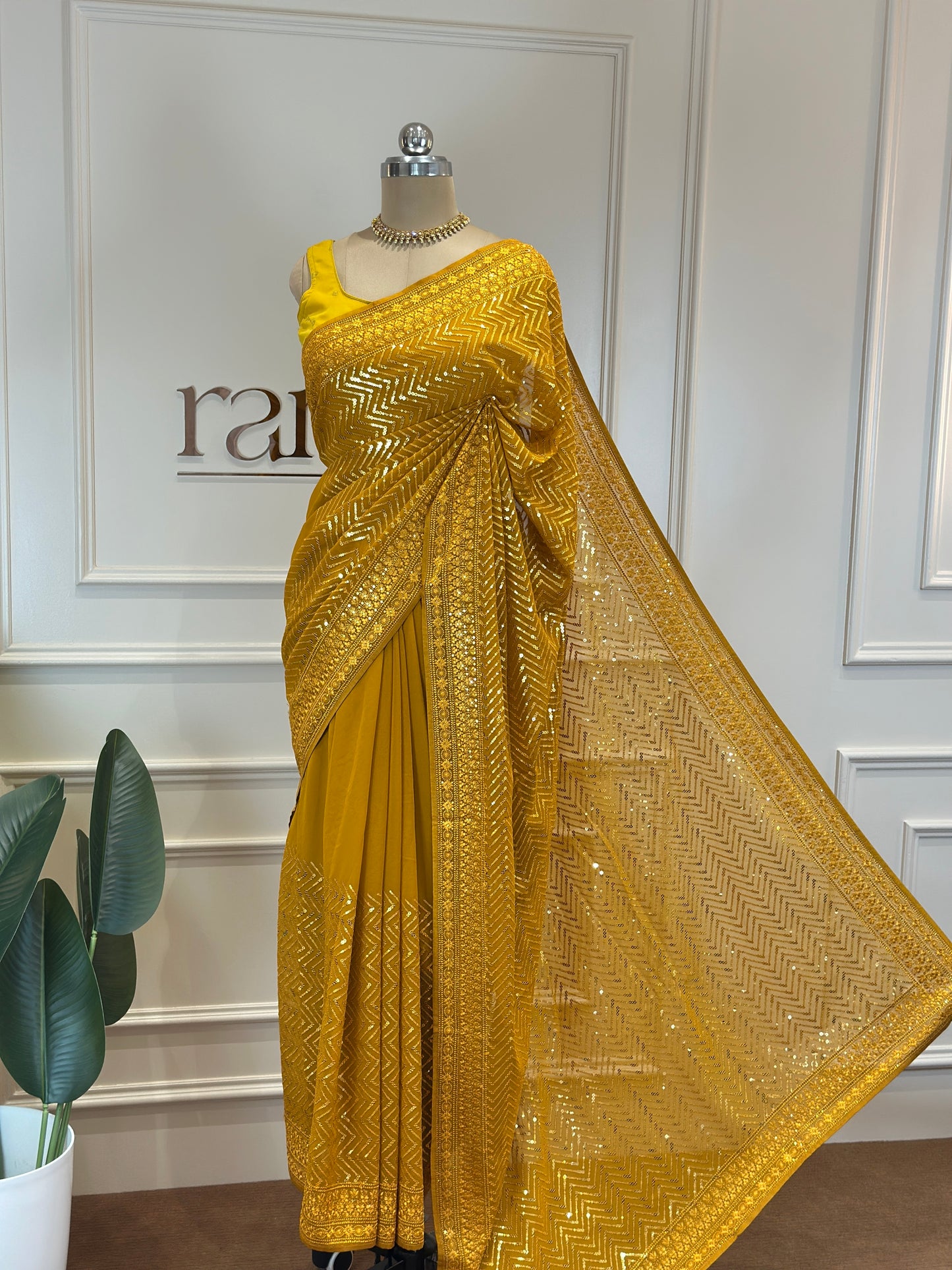 Mustard Gold Designer Chiffon Saree with Zig-Zag Sequin Work - Post 774