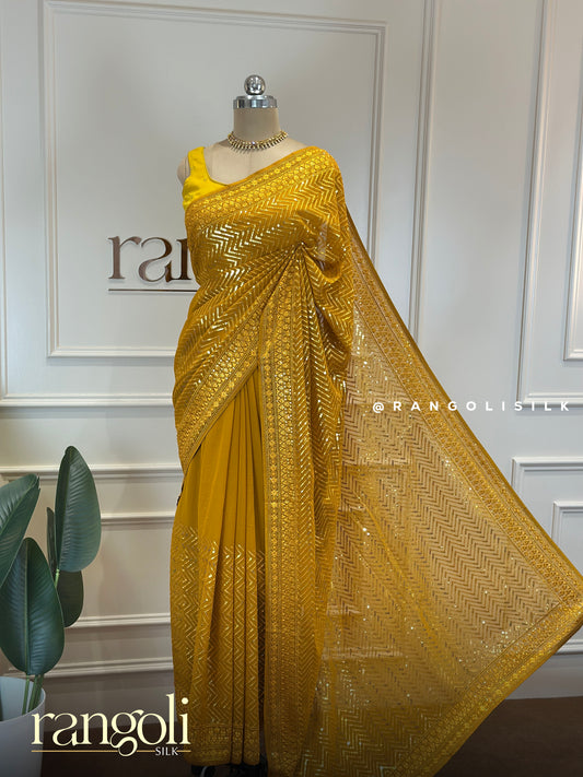 Mustard Gold Designer Chiffon Saree with Zig-Zag Sequin Work - Post 774