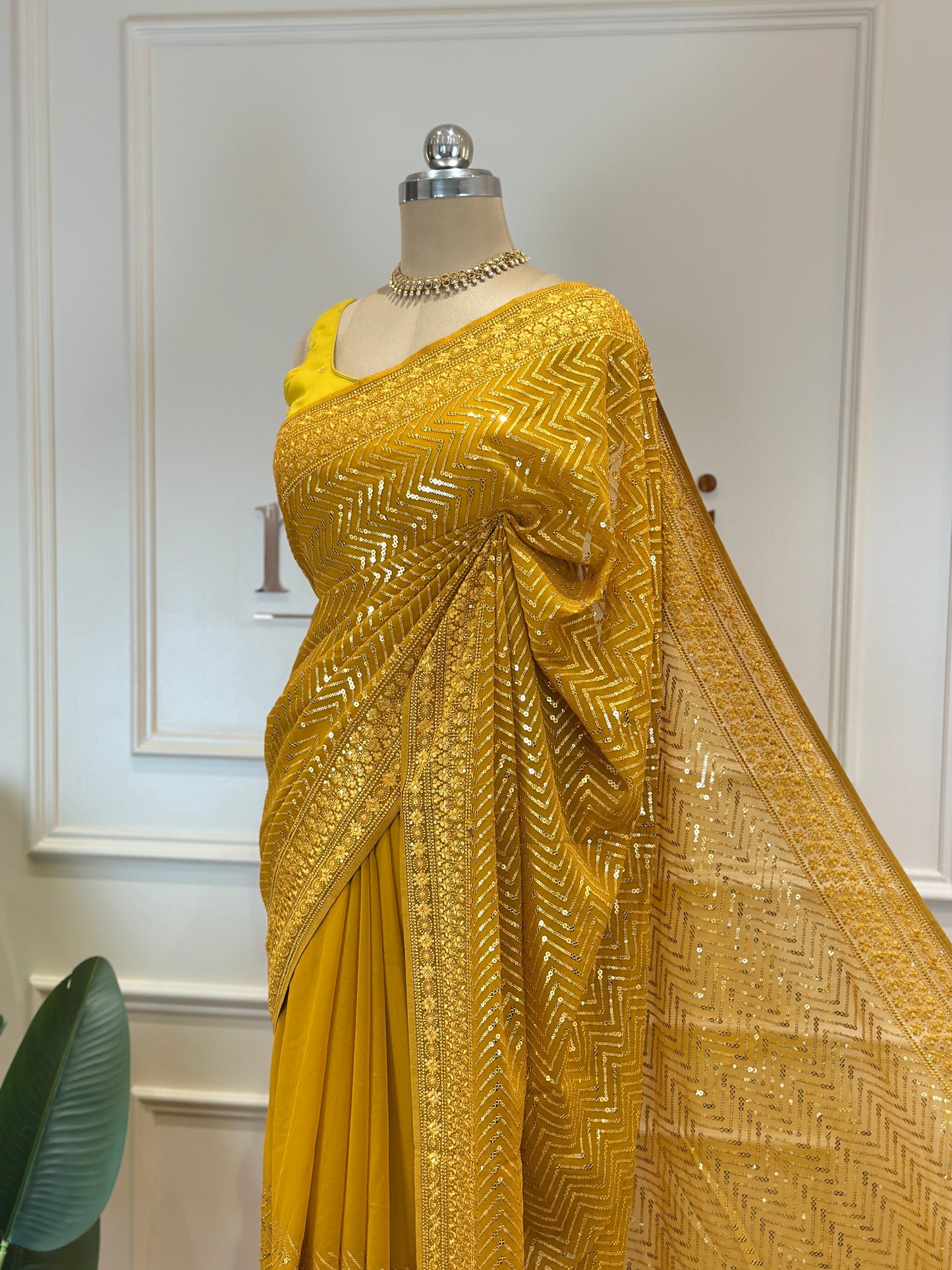Mustard Gold Designer Chiffon Saree with Zig-Zag Sequin Work - Post 774