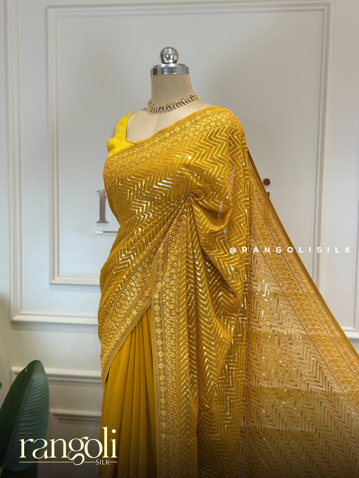 Mustard Gold Designer Chiffon Saree with Zig-Zag Sequin Work - Post 774