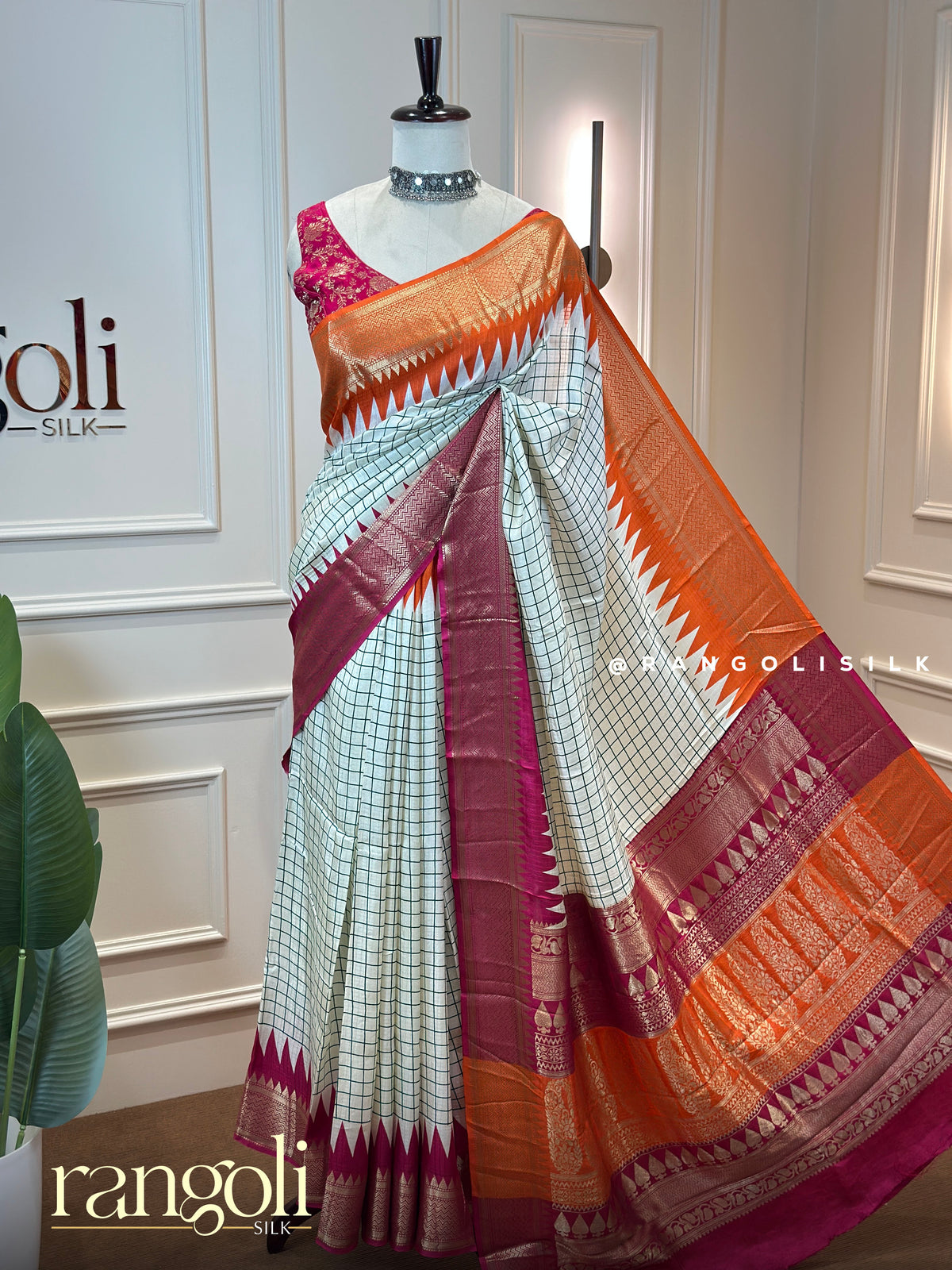 Off-White Check Saree with Ganga Jamuna Temple Border - Post 1010