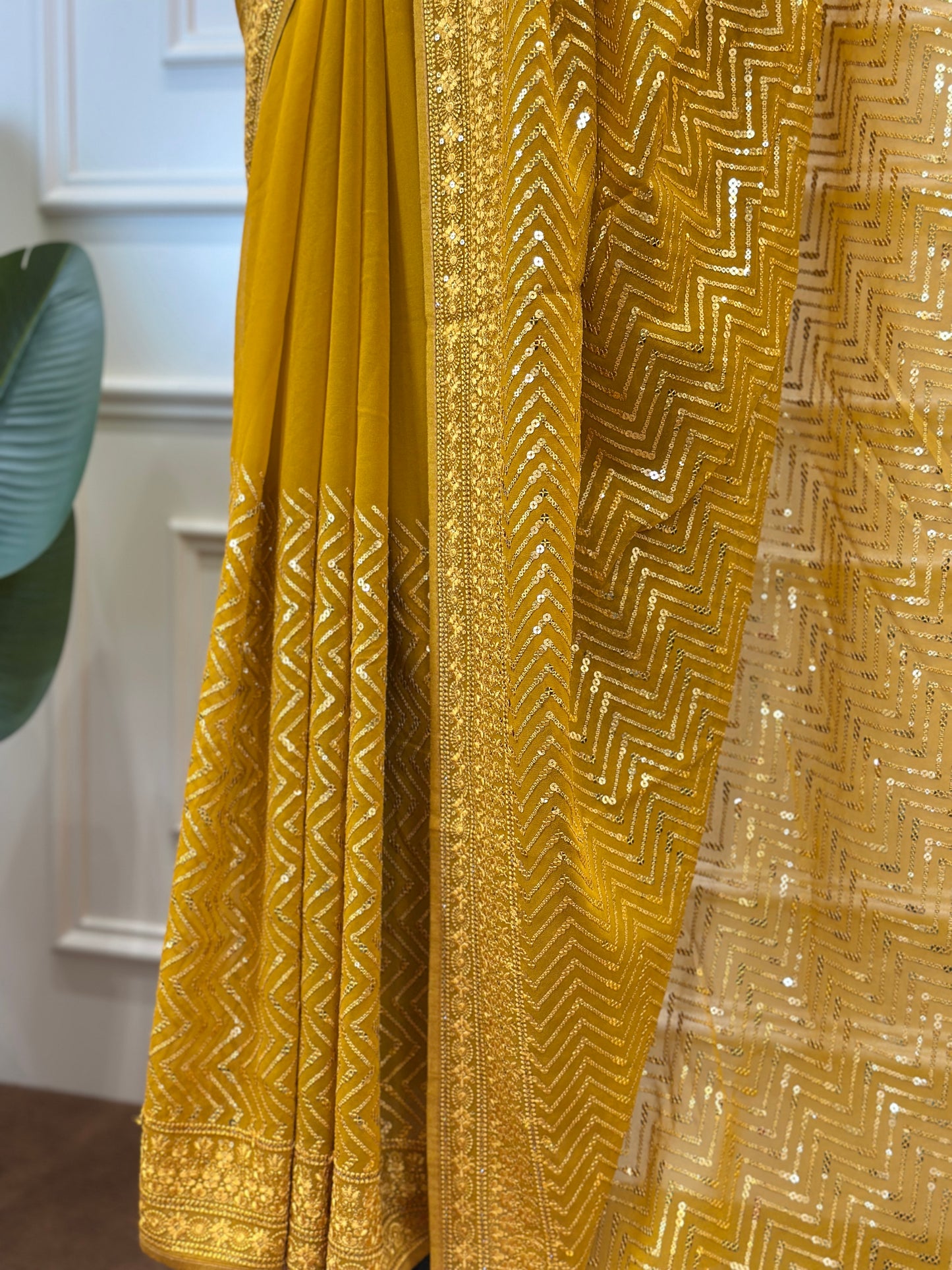 Mustard Gold Designer Chiffon Saree with Zig-Zag Sequin Work - Post 774