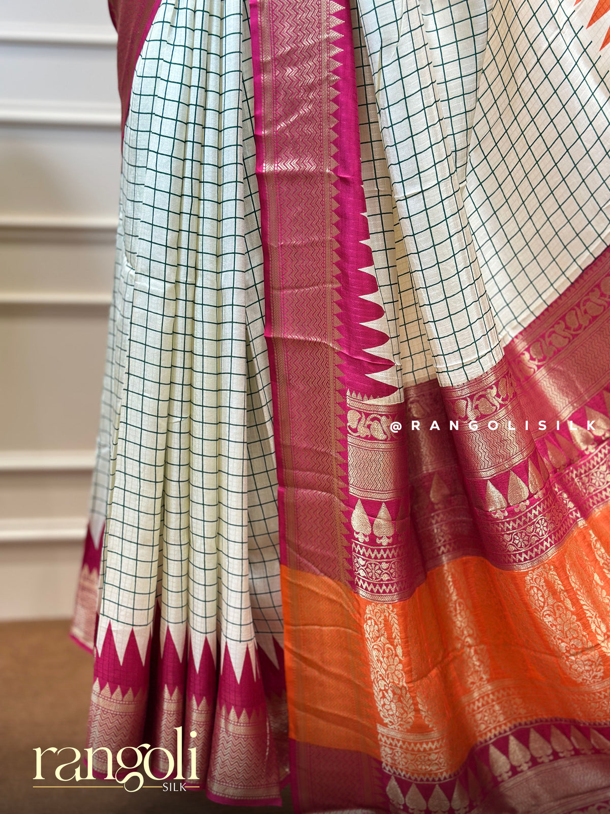 Off-White Check Saree with Ganga Jamuna Temple Border - Post 1010