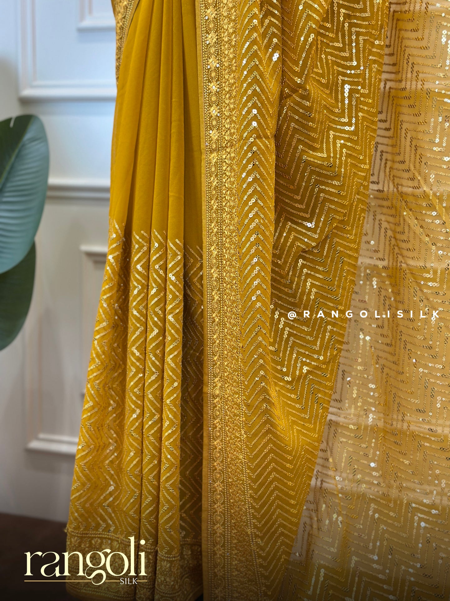 Mustard Gold Designer Chiffon Saree with Zig-Zag Sequin Work - Post 774
