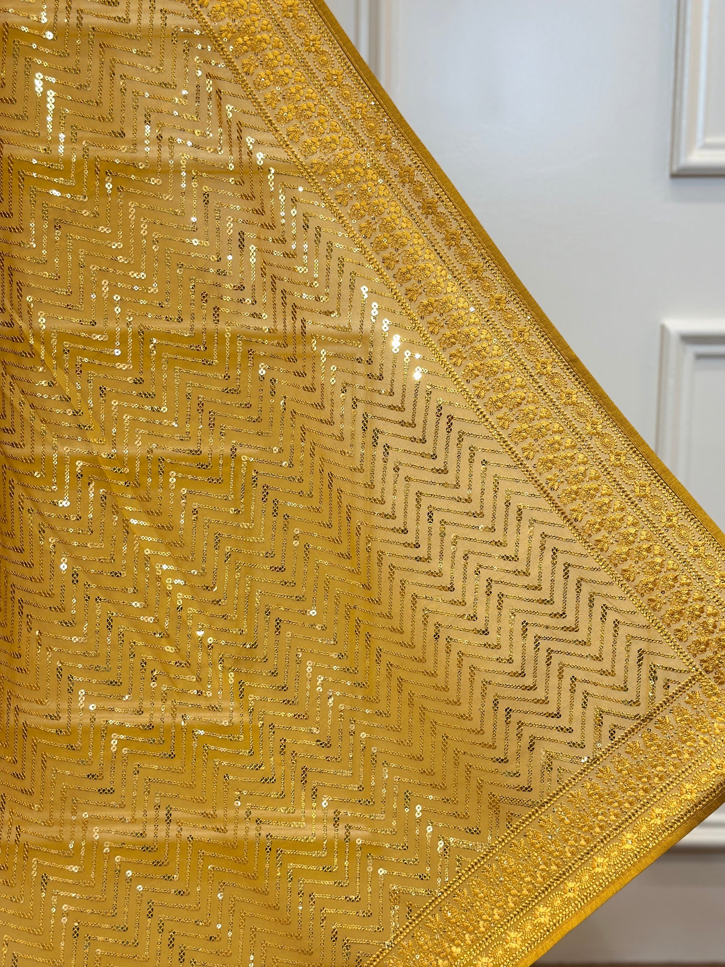 Mustard Gold Designer Chiffon Saree with Zig-Zag Sequin Work - Post 774