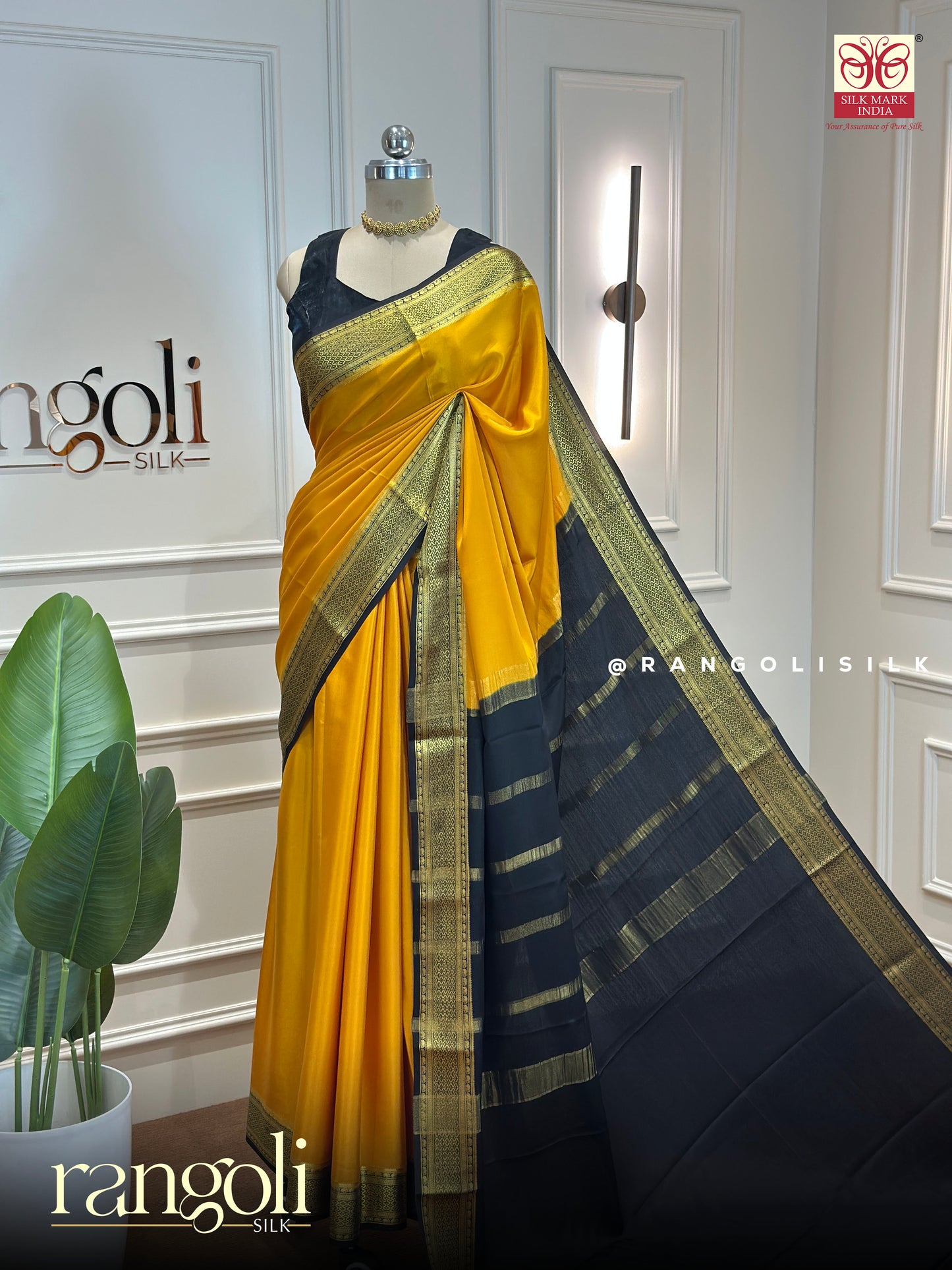 Pure Mysore Crepe Silk Saree in Mustard Yellow & Black with Rich Zari Border - Post 886