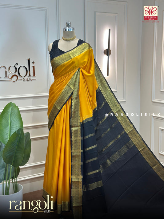 Pure Mysore Crepe Silk Saree in Mustard Yellow & Black with Rich Zari Border - Post 886