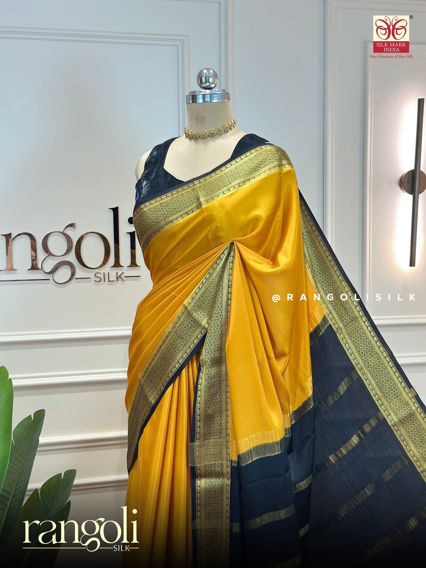 Pure Mysore Crepe Silk Saree in Mustard Yellow & Black with Rich Zari Border - Post 886