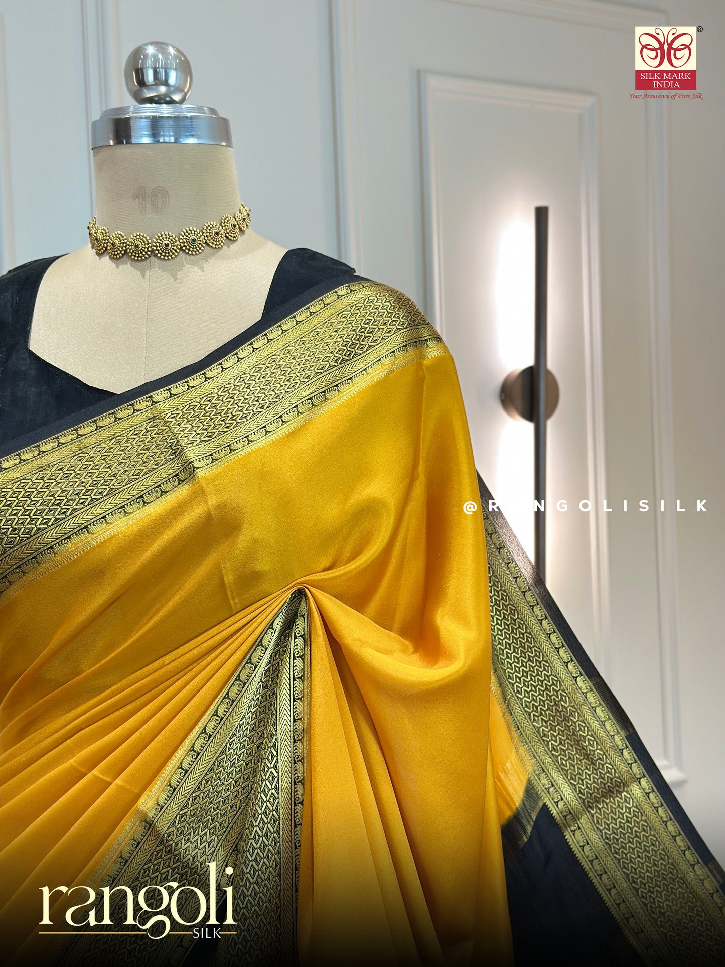 Pure Mysore Crepe Silk Saree in Mustard Yellow & Black with Rich Zari Border - Post 886