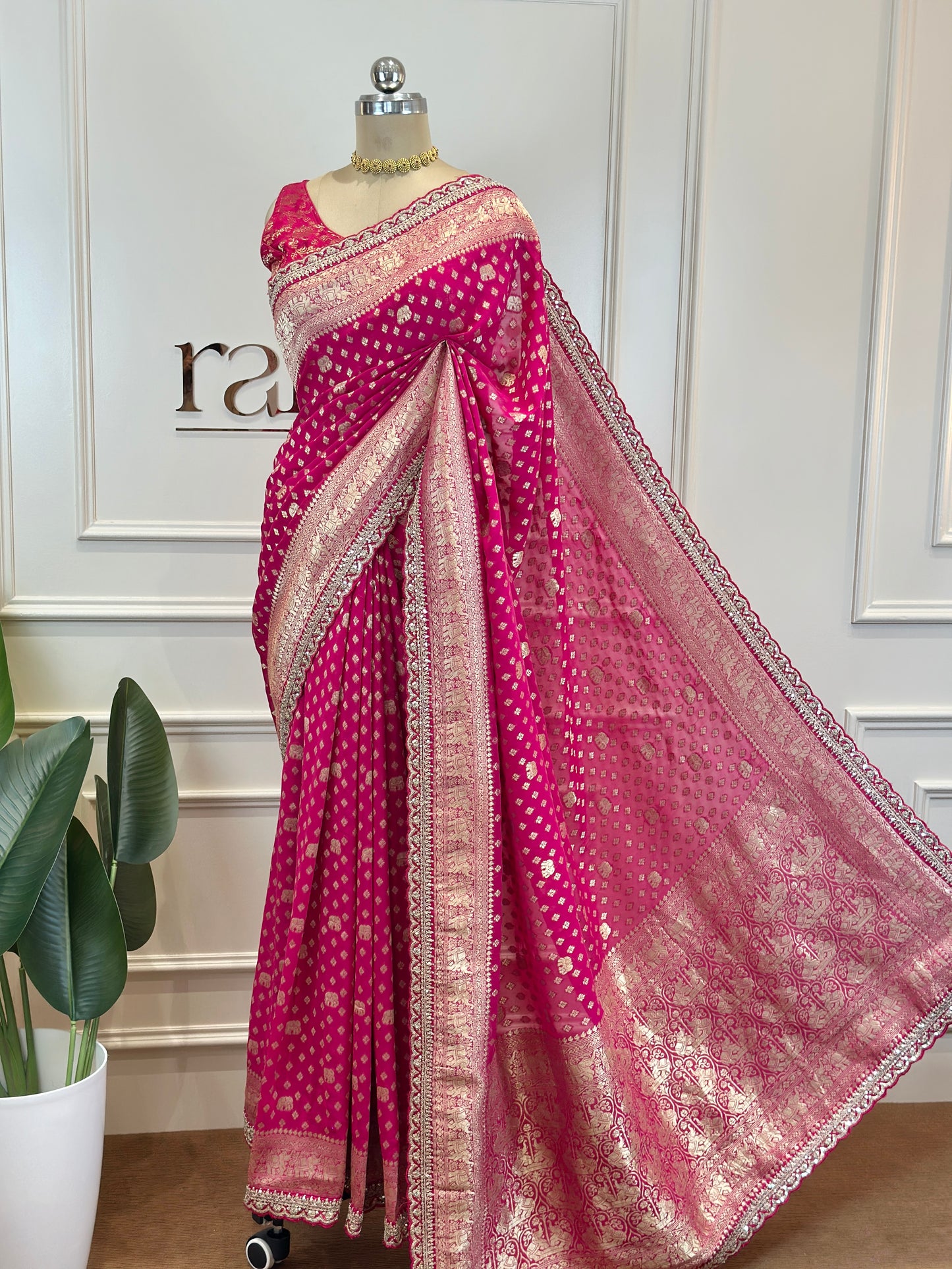 Rani Pink Banarasi Saree with Gold Zari Buti & Elephant Motif Pallu - Post 768