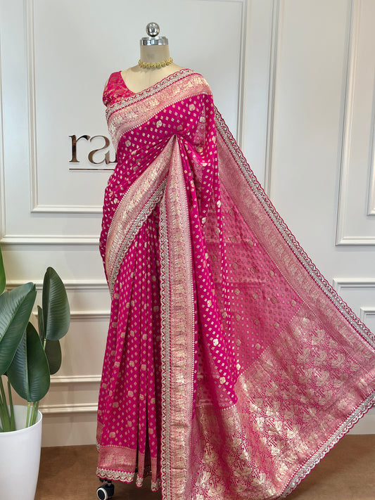 Rani Pink Banarasi Saree with Gold Zari Buti & Elephant Motif Pallu - Post 768