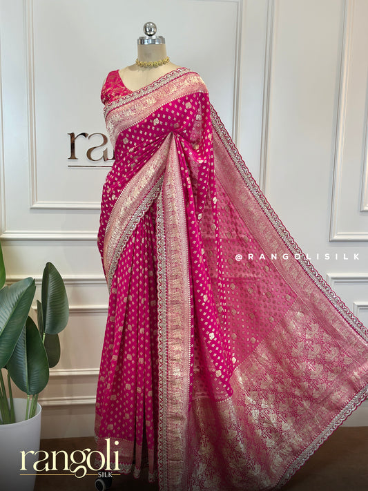 Rani Pink Banarasi Saree with Gold Zari Buti & Elephant Motif Pallu - Post 768