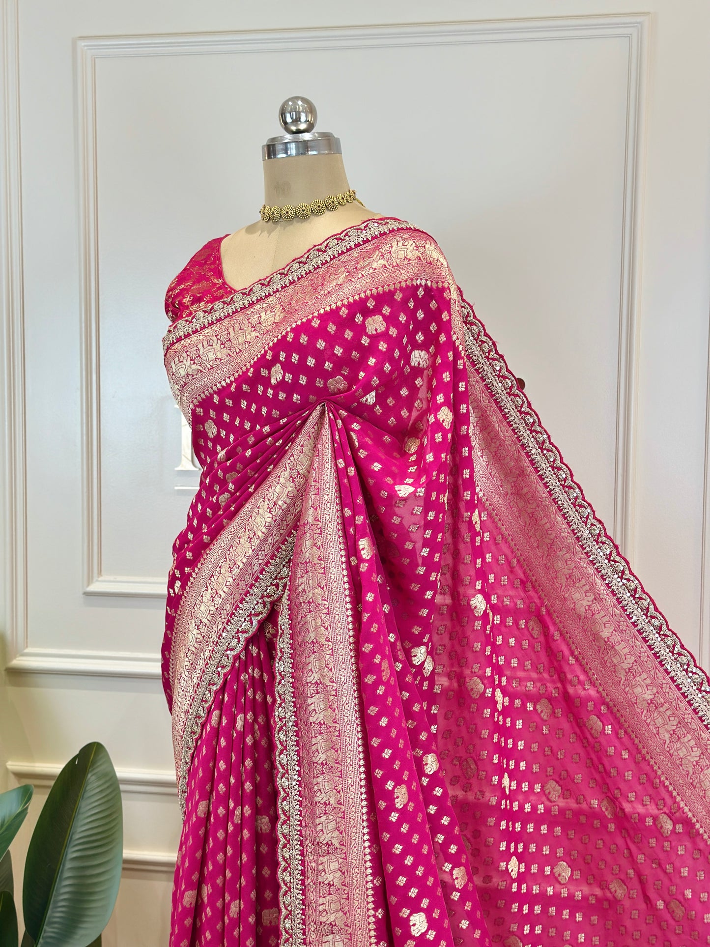 Rani Pink Banarasi Saree with Gold Zari Buti & Elephant Motif Pallu - Post 768