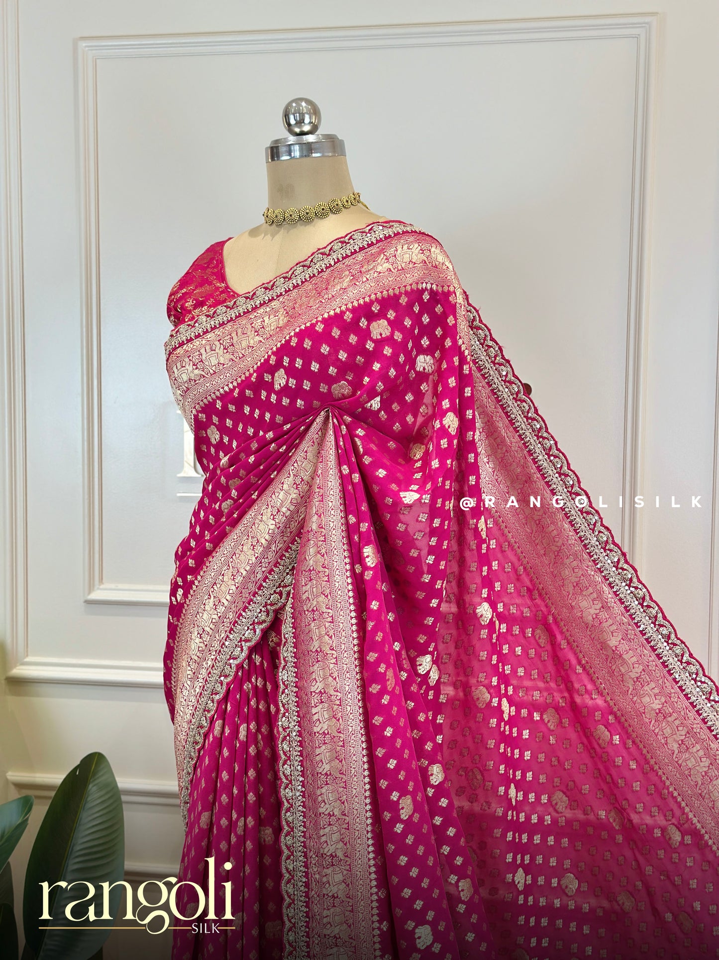 Rani Pink Banarasi Saree with Gold Zari Buti & Elephant Motif Pallu - Post 768