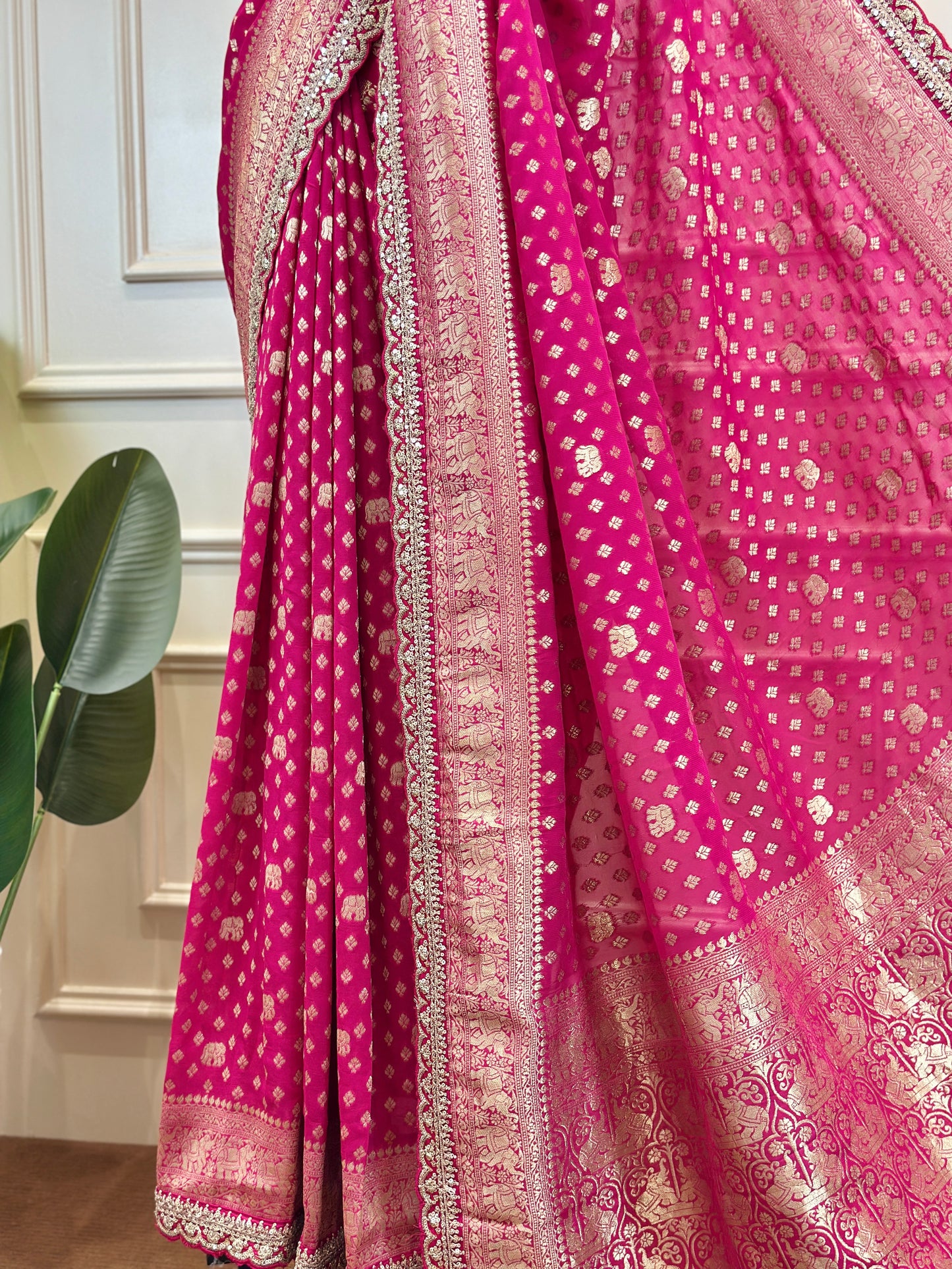 Rani Pink Banarasi Saree with Gold Zari Buti & Elephant Motif Pallu - Post 768