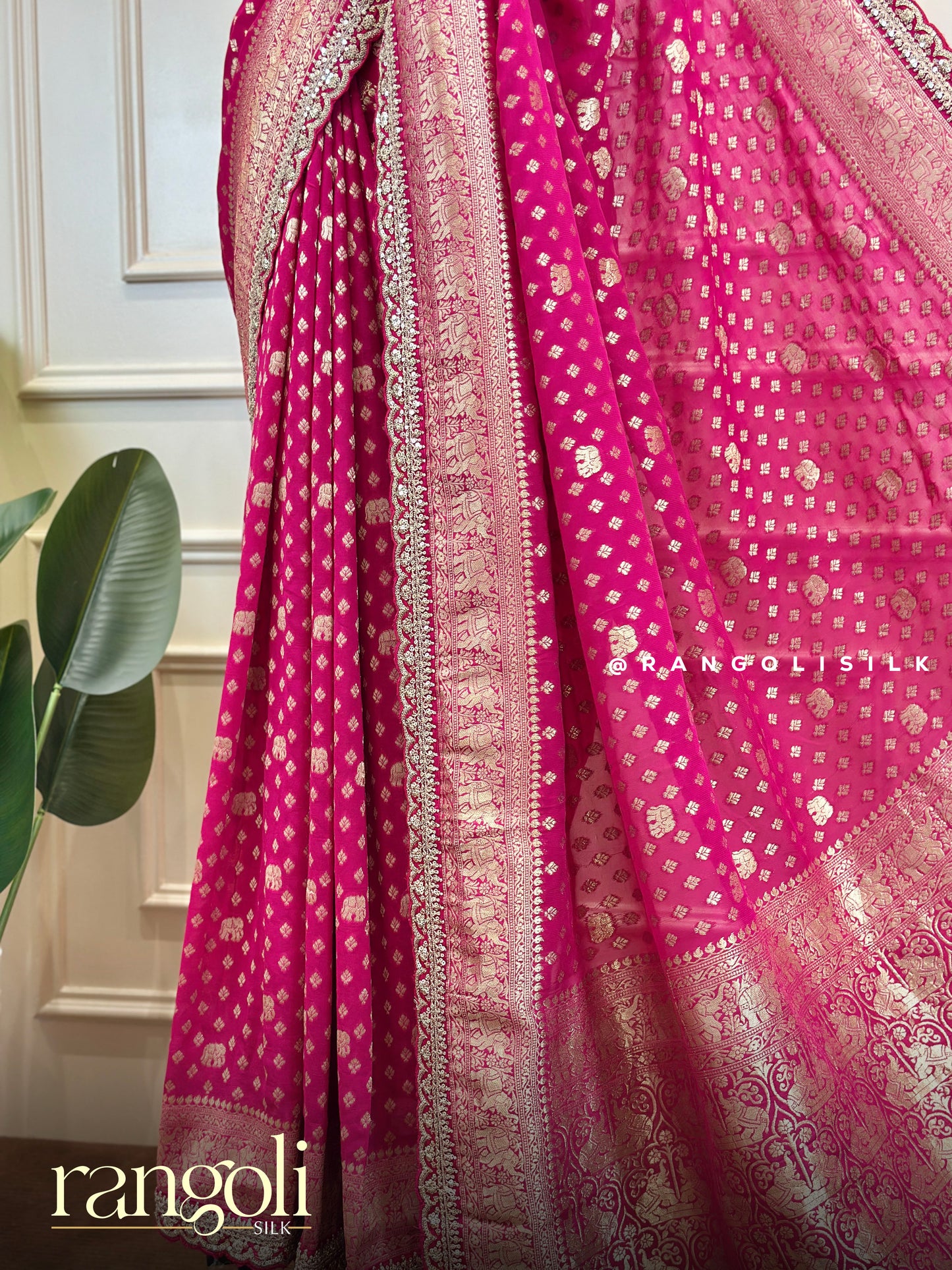 Rani Pink Banarasi Saree with Gold Zari Buti & Elephant Motif Pallu - Post 768
