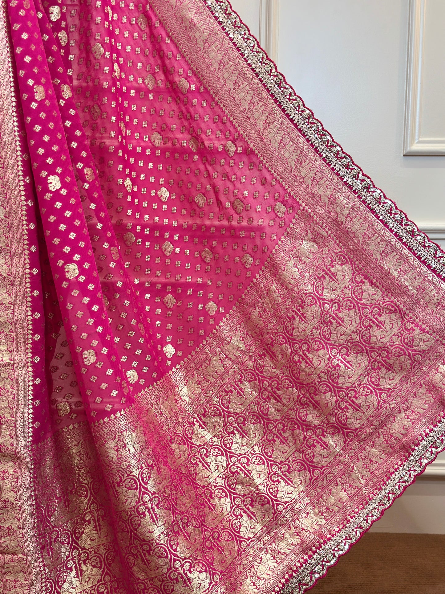 Rani Pink Banarasi Saree with Gold Zari Buti & Elephant Motif Pallu - Post 768