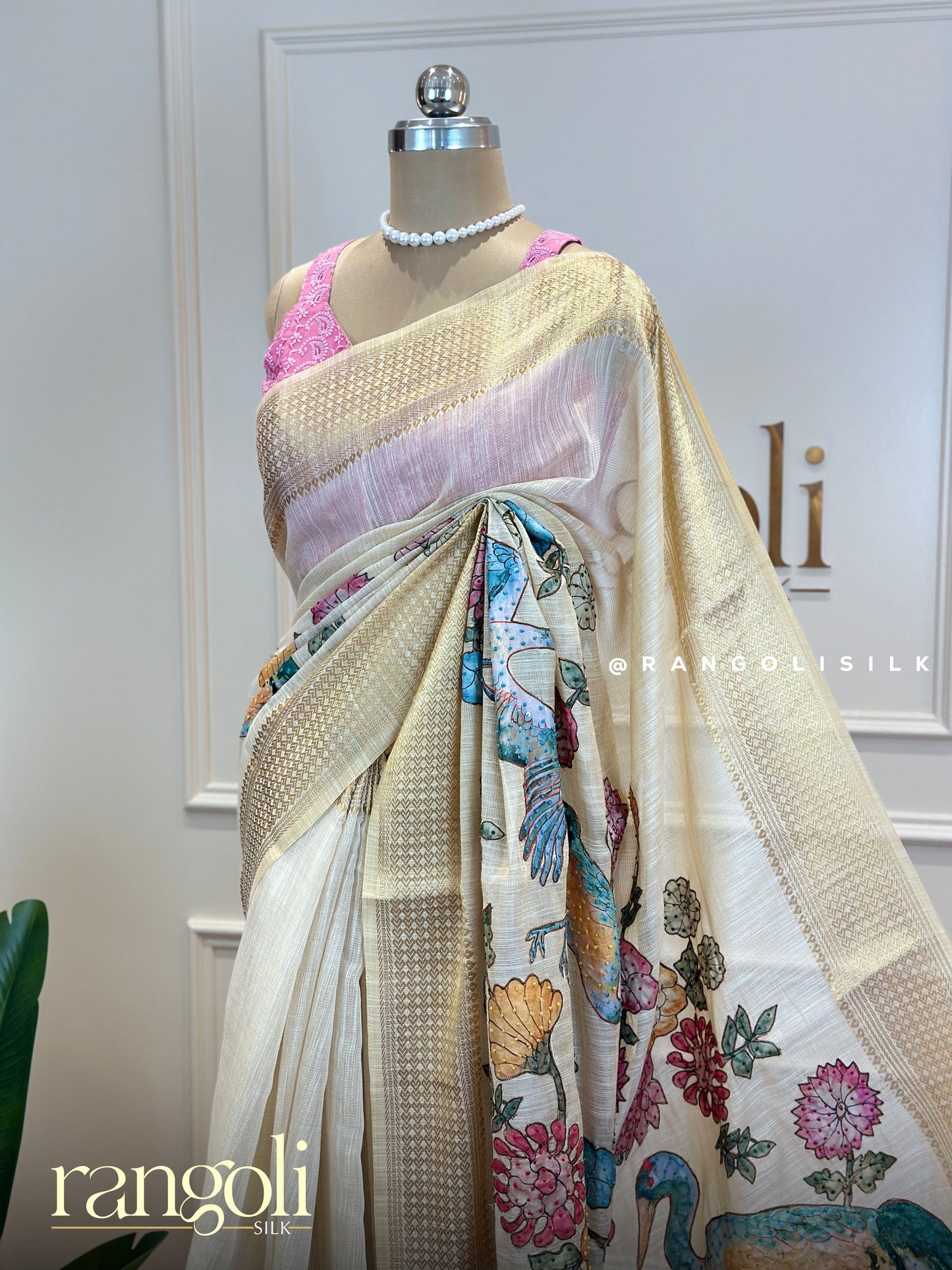 Elegant Ivory-Beige Cotton Saree with Floral & Bird Design - Post 696