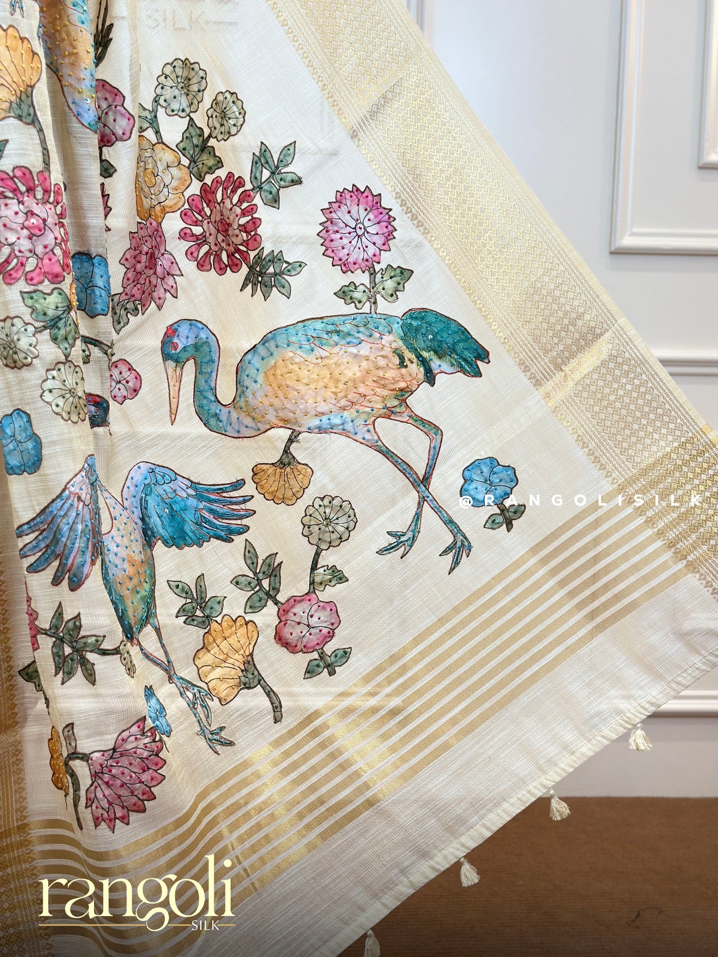 Elegant Ivory-Beige Cotton Saree with Floral & Bird Design - Post 696