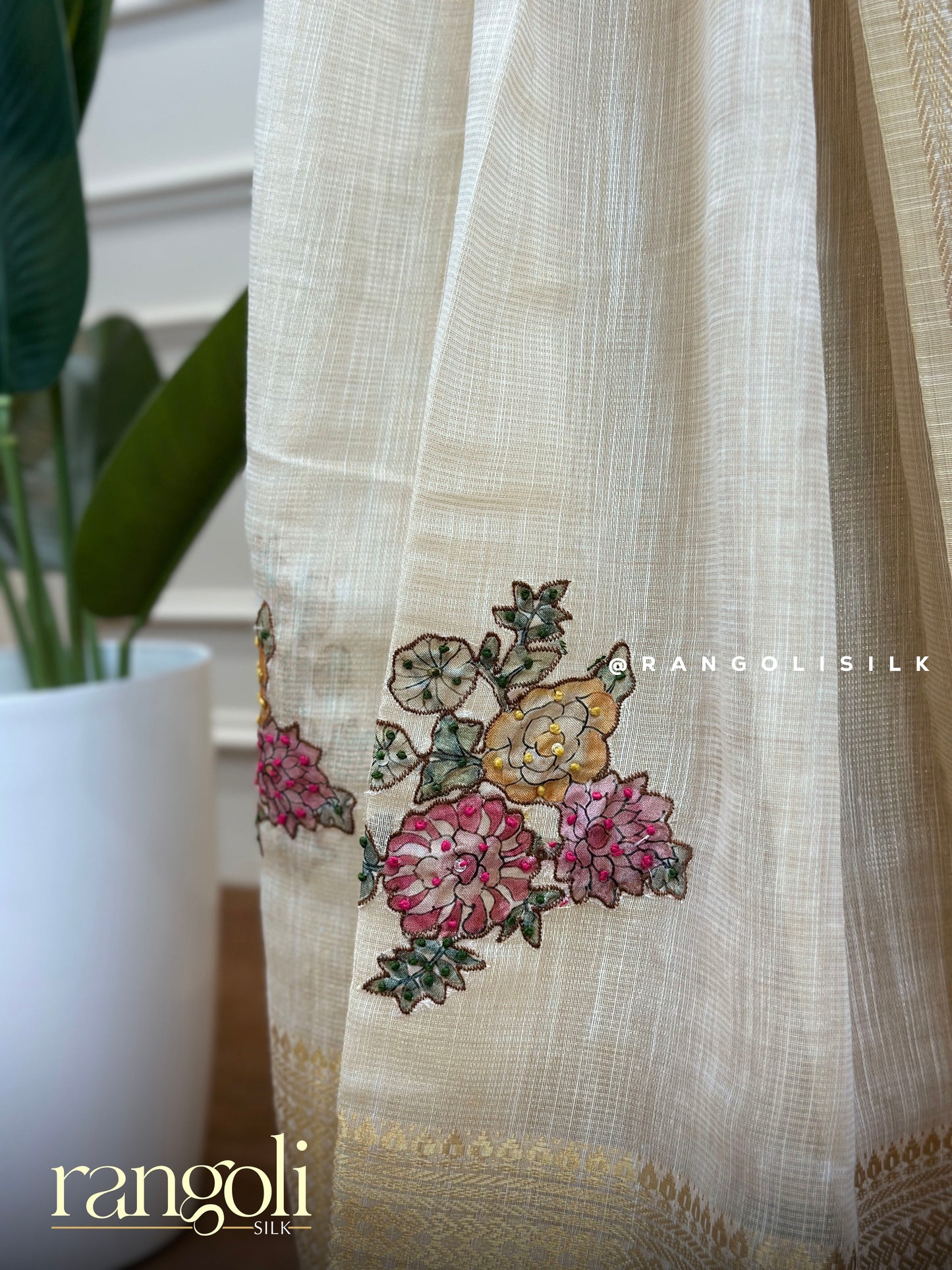 Elegant Ivory-Beige Cotton Saree with Floral & Bird Design - Post 696