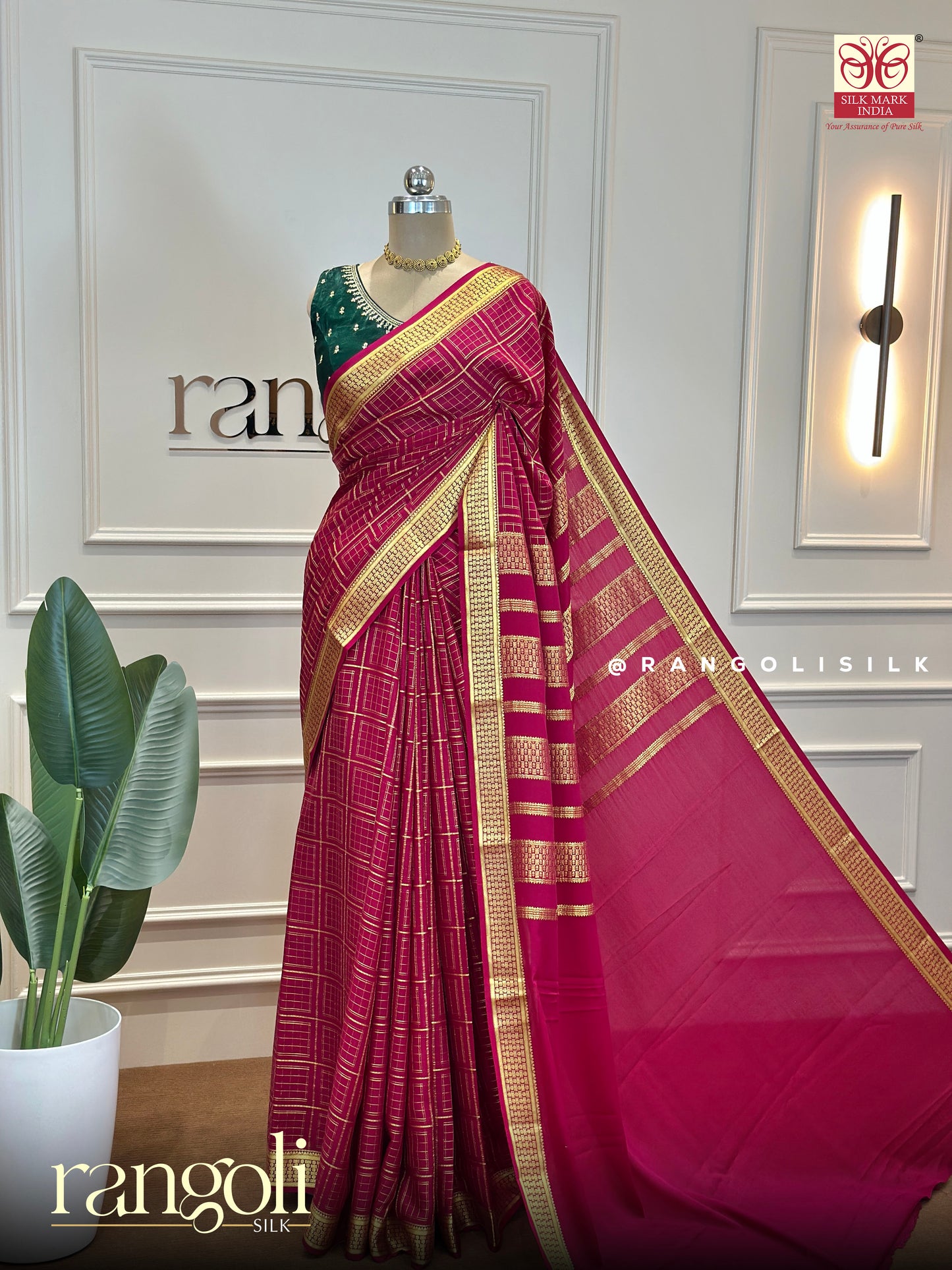 Pure Mysore Silk Saree in Rich Magenta with Zari Checks - Post 596