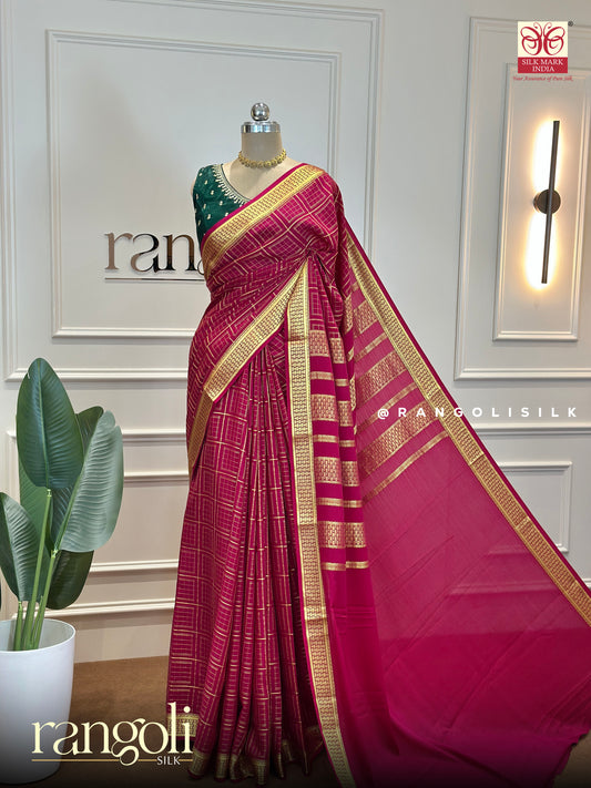Pure Mysore Silk Saree in Rich Magenta with Zari Checks - Post 596