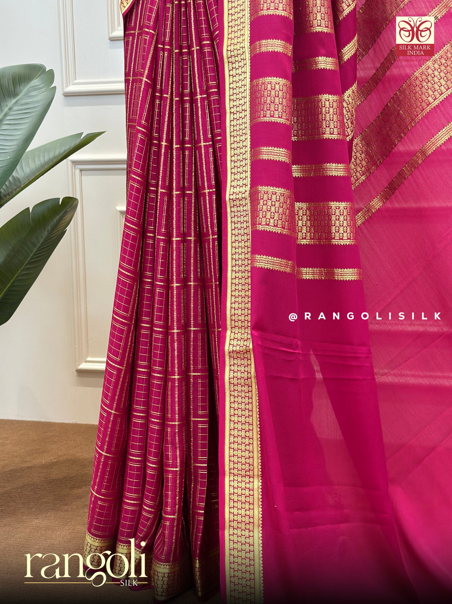 Pure Mysore Silk Saree in Rich Magenta with Zari Checks - Post 596