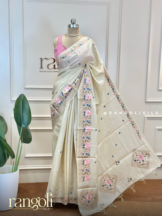 Soft Elegance Cotton Silk Saree – Pastel Shades with Intricate Floral Embroidery - Post 599