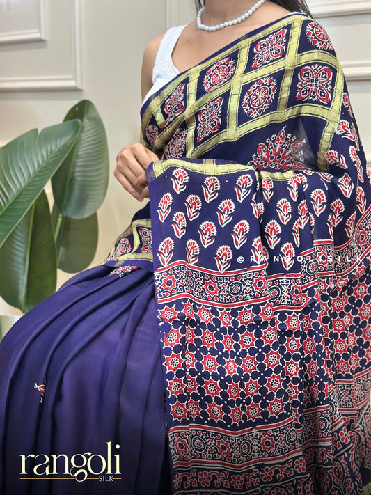 Traditional Ajrak Print Saree with Hand Block Patterns & Heritage Motifs - Post 782