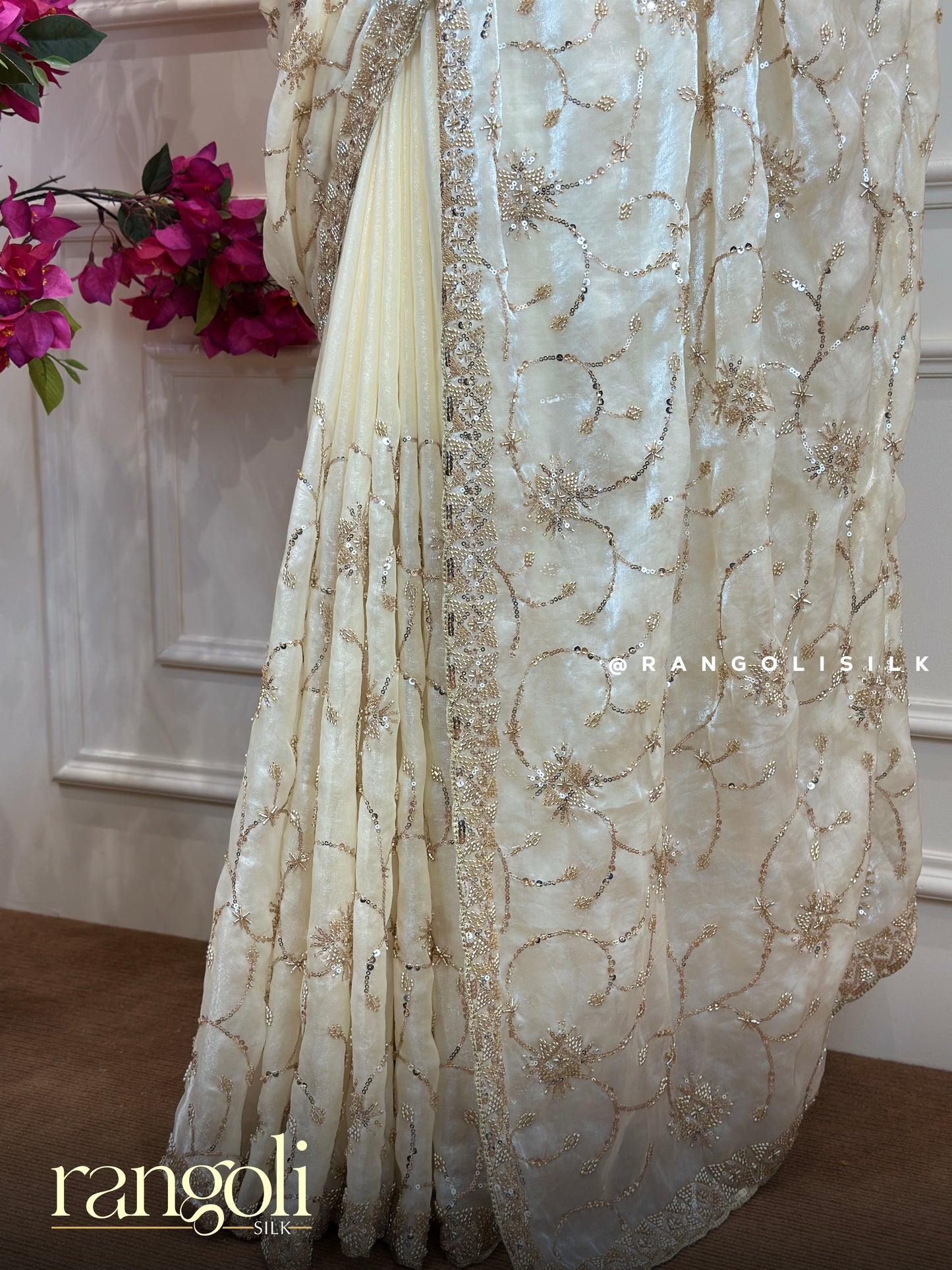 Soft Organza Saree with Golden Sequin & Bead Embroidery Floral Design - Post 797