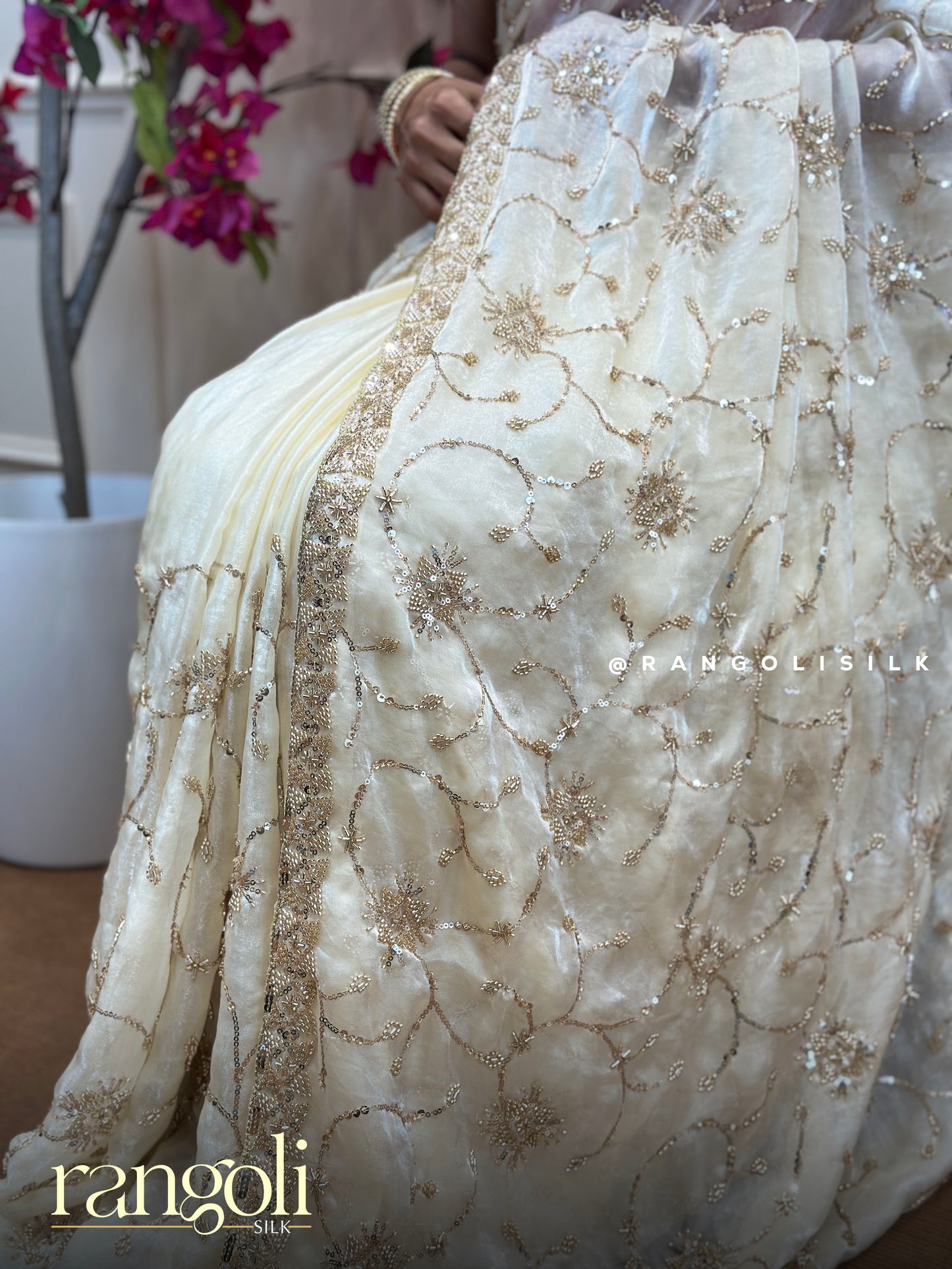 Soft Organza Saree with Golden Sequin & Bead Embroidery Floral Design - Post 797
