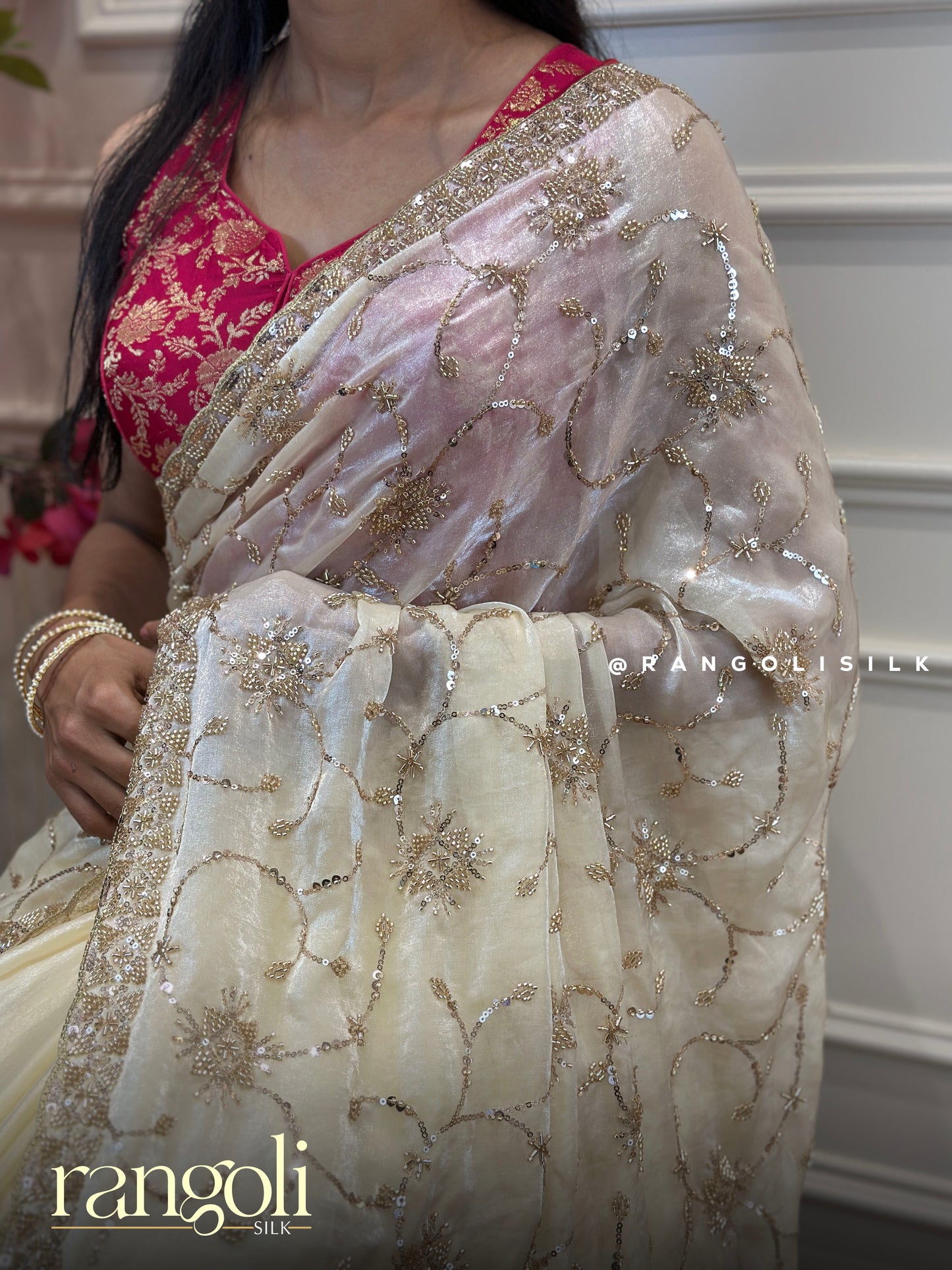 Soft Organza Saree with Golden Sequin & Bead Embroidery Floral Design - Post 797