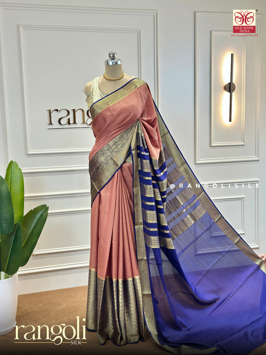 Pure Crepe Silk Saree in Soft Peach with Golden Zari Borders & Royal Blue Pallu - Post 482