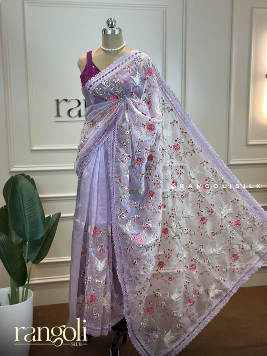 Designer Organza Saree with Delicate Floral Embroidery & Elegant Border - Post 697