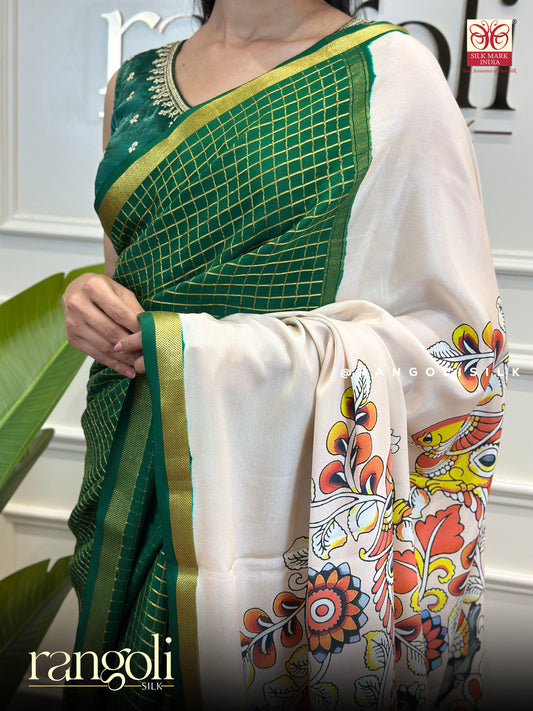 Pure Mysore Crepe Silk Saree with Kalamkari Printed Pallu and Blouse - Post 770
