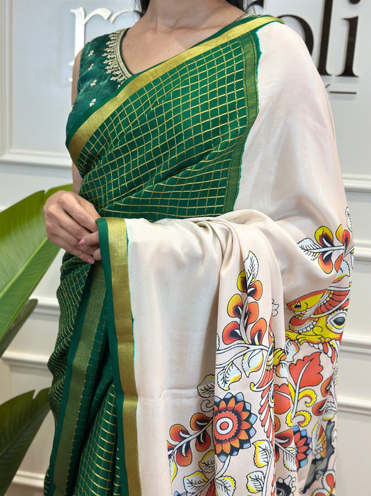 Pure Mysore Crepe Silk Saree with Kalamkari Printed Pallu and Blouse - Post 770