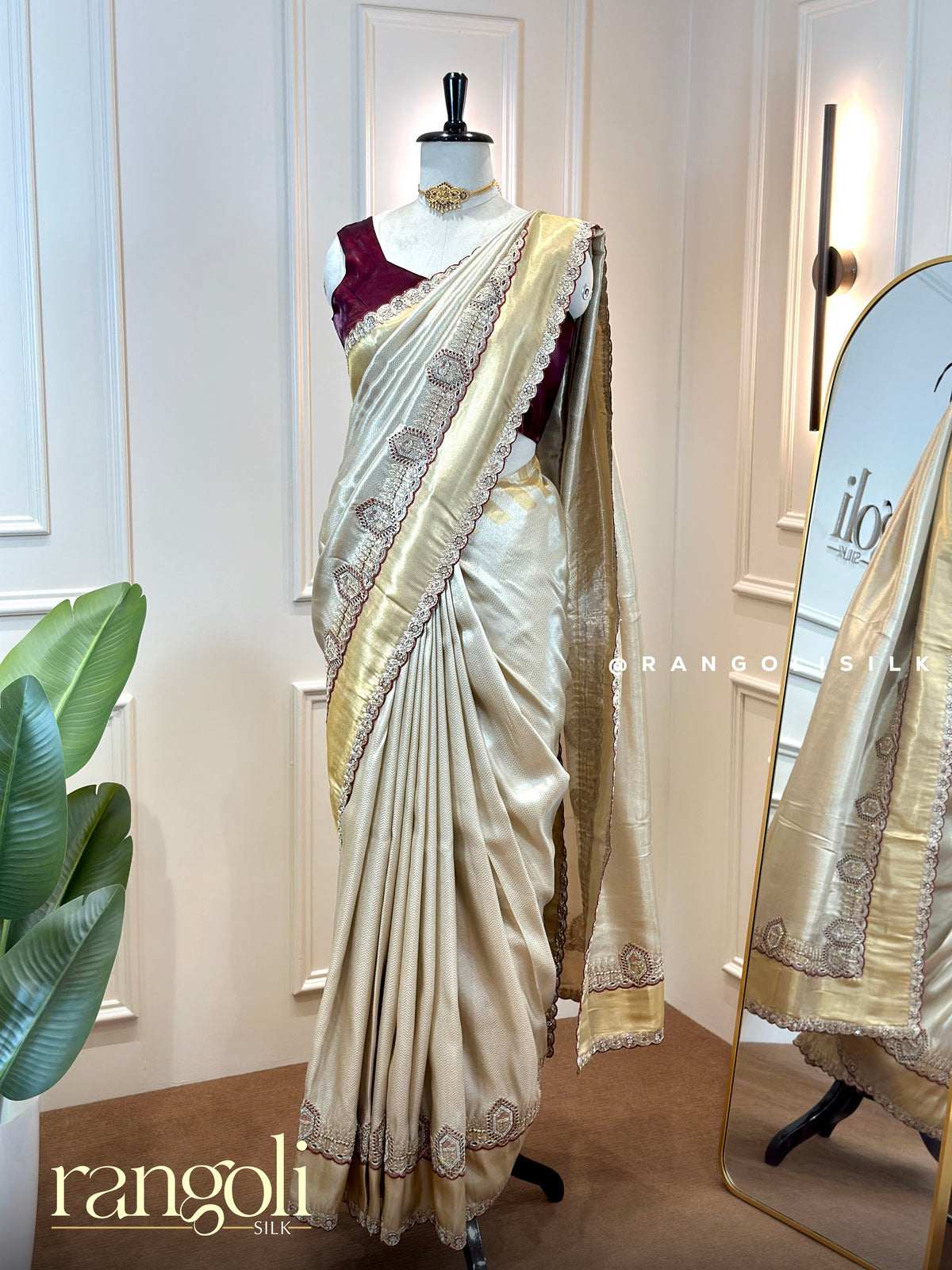 Tissue Silk Saree with Zigzag Weave & Embroidered Cutwork Border - Post 1011