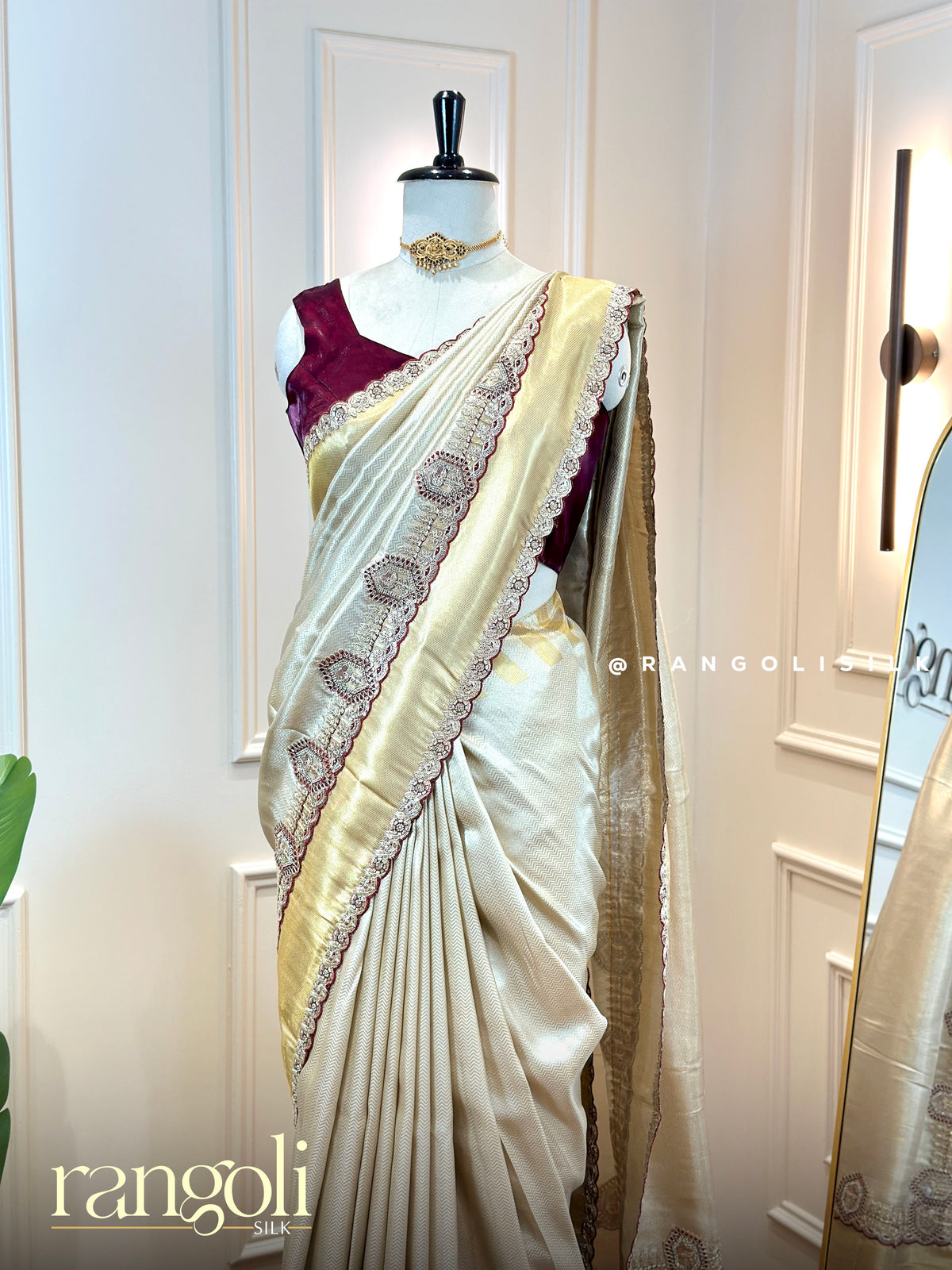 Tissue Silk Saree with Zigzag Weave & Embroidered Cutwork Border - Post 1011