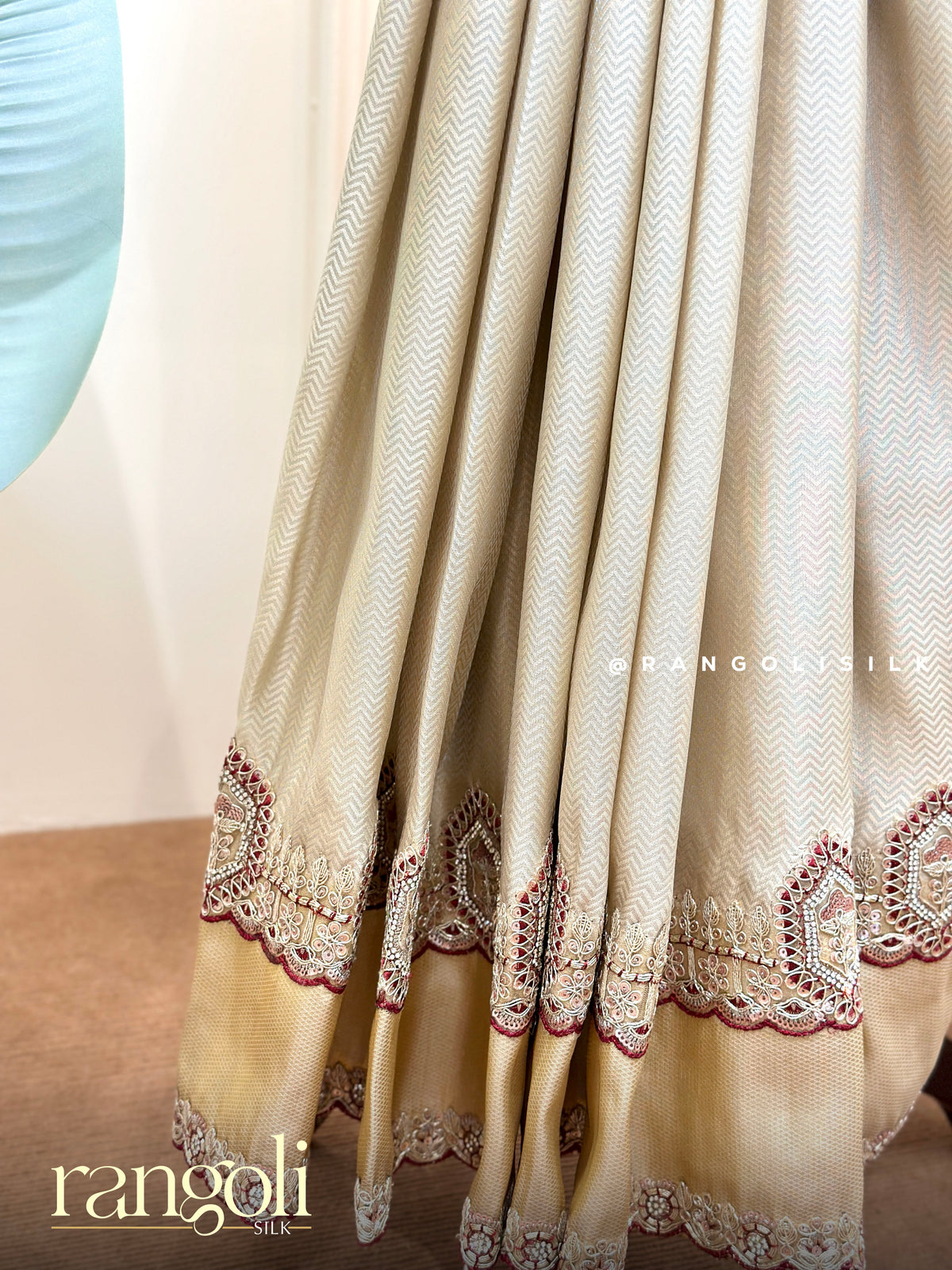 Tissue Silk Saree with Zigzag Weave & Embroidered Cutwork Border - Post 1011