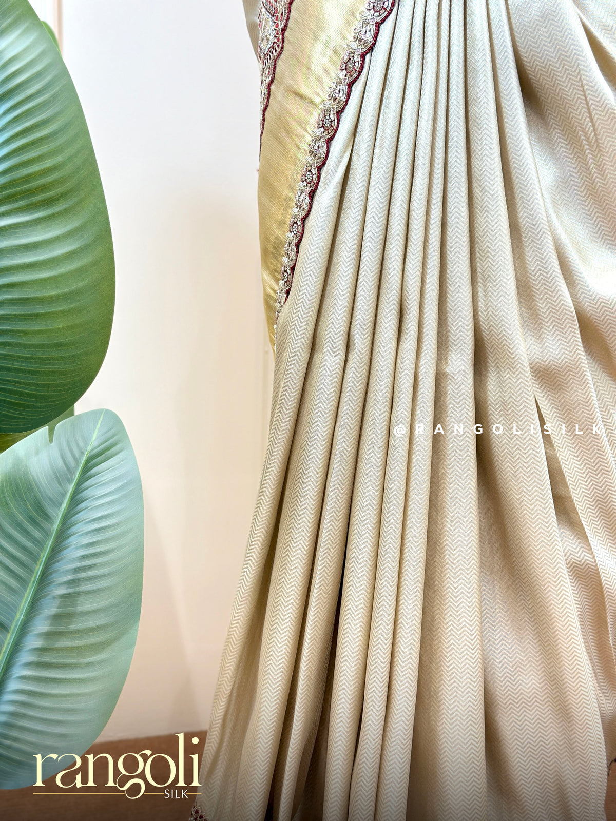 Tissue Silk Saree with Zigzag Weave & Embroidered Cutwork Border - Post 1011