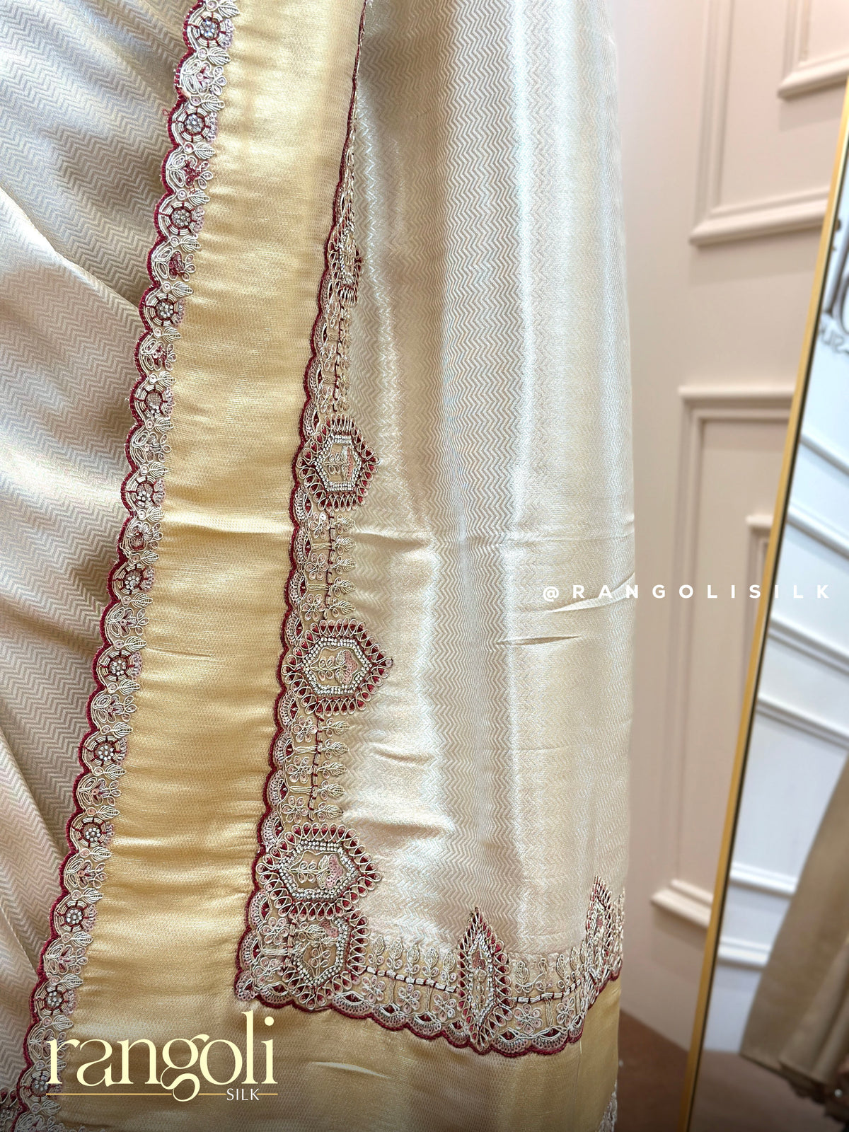 Tissue Silk Saree with Zigzag Weave & Embroidered Cutwork Border - Post 1011