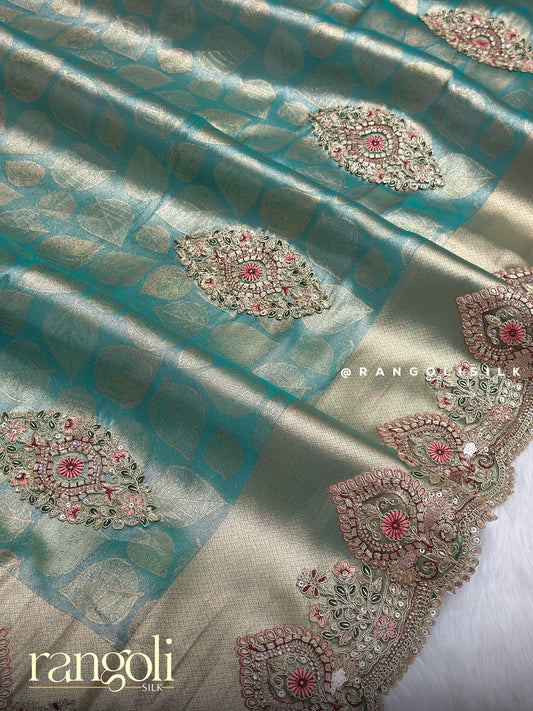 Soft Tone Shimmering Tissue Silk Saree with Heavy Thread & Sequin Blouse Piece - Post 1009