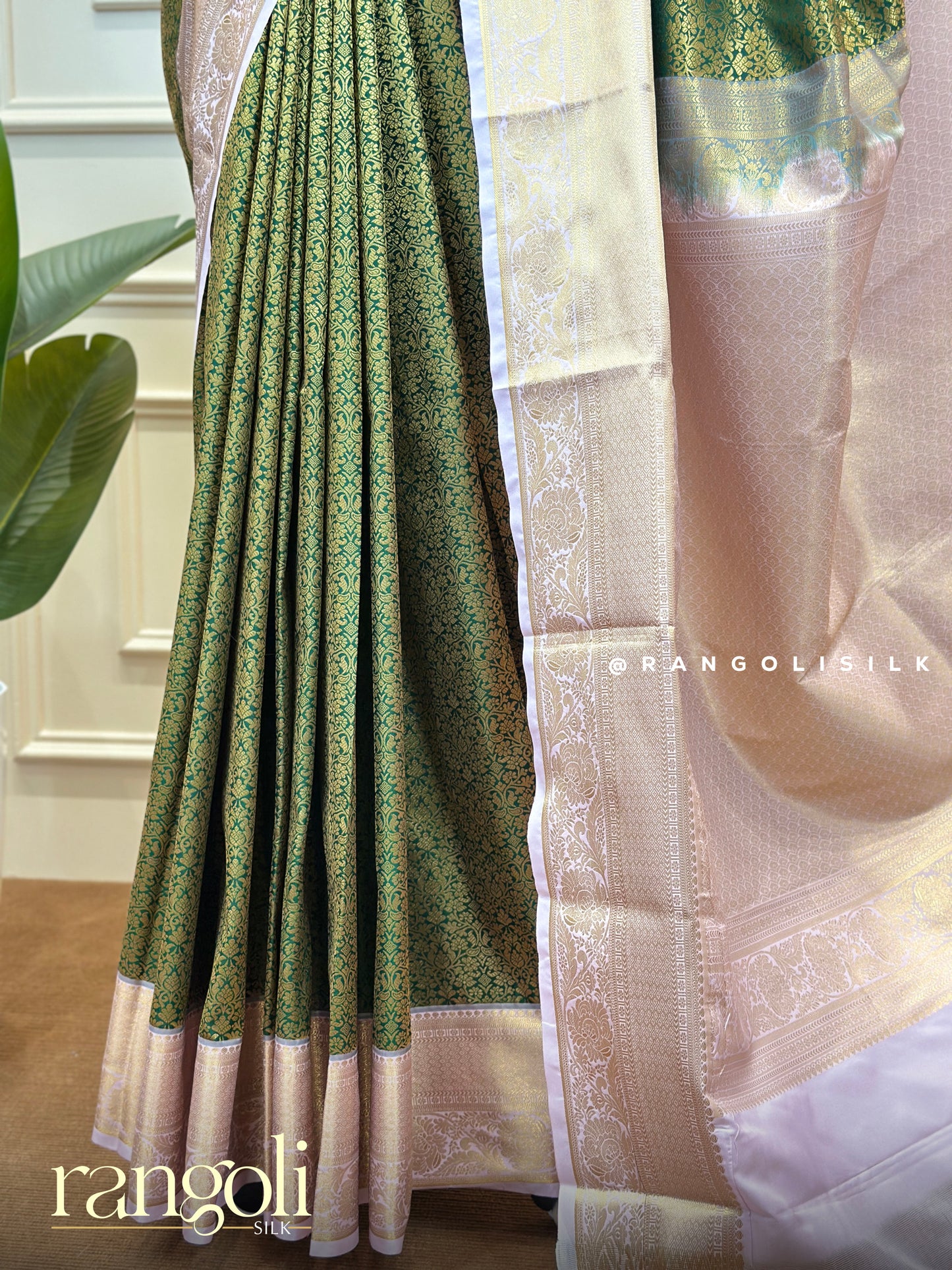 Elegant Semi Kanjivaram Silk Saree in Olive Green with Contrast Soft Pink Border - Post 604