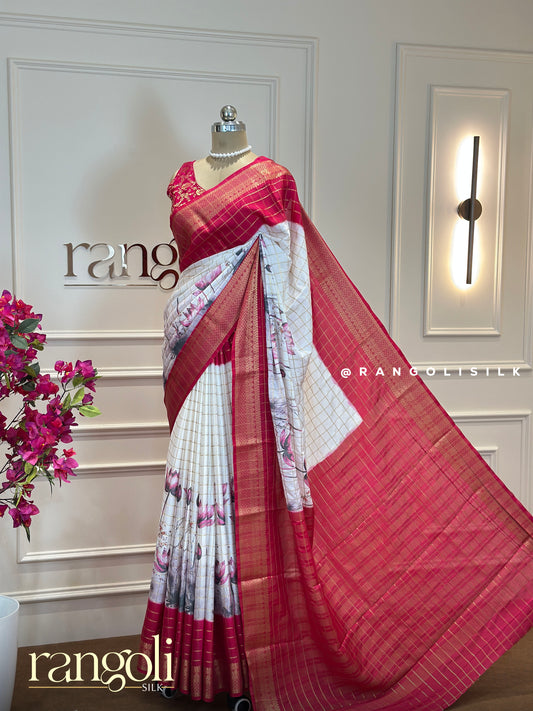 Pink Kalamkari Crepe Saree | Floral Checks | Lightweight & Elegant - Post 600